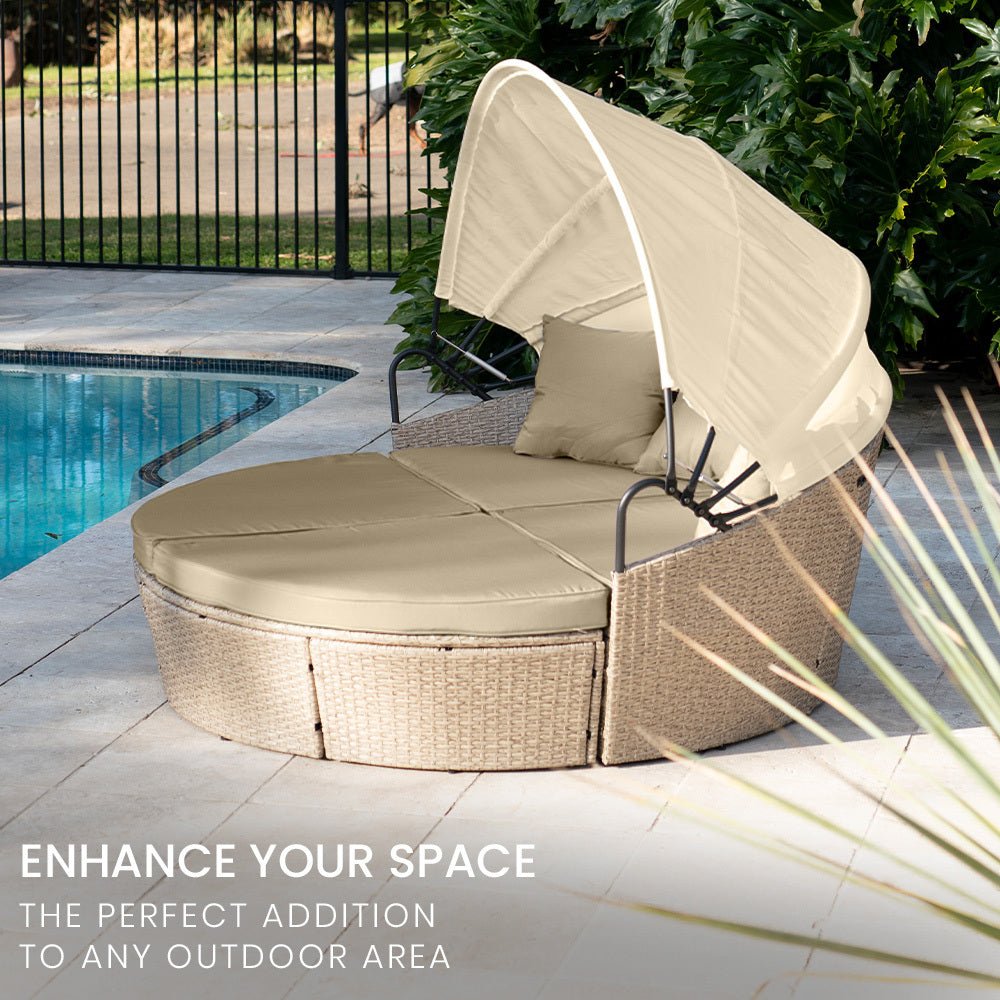 3 Piece Round Wicker Daybed Lounge Set with Canopy - Beige Boho Outdoor Patio Furniture for Poolside, Garden, and Backyard Relaxation