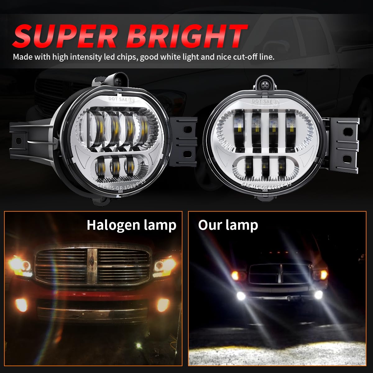 Upgraded LED Fog Lights for Dodge Ram 1500 2500 3500 (2002-2008) & Durango (2004-2006) - Chrome Pair for Driver & Passenger Side - Enhanced Visibility for Off-Roading & Night Driving