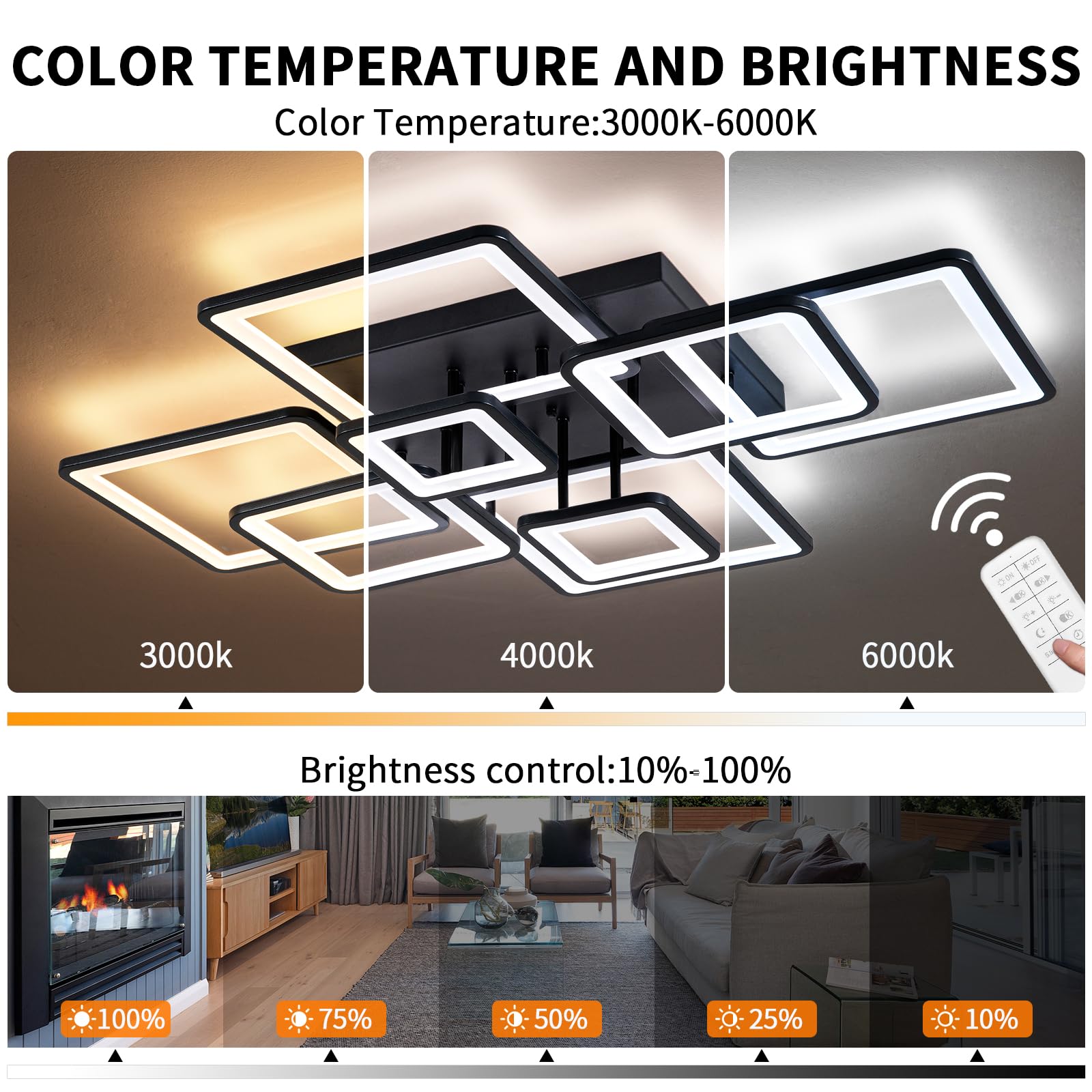 Modern Dimmable LED Ceiling Light with Remote Control - Black Flush Mount Chandelier, Acrylic Ring Fixture for Living Room, Dining Room, Bedroom - Energy Efficient Lighting Solution for Home Decor (8H-FANG-BL-04) | Perfect for Modern Interiors, Apartments and Office Spaces
