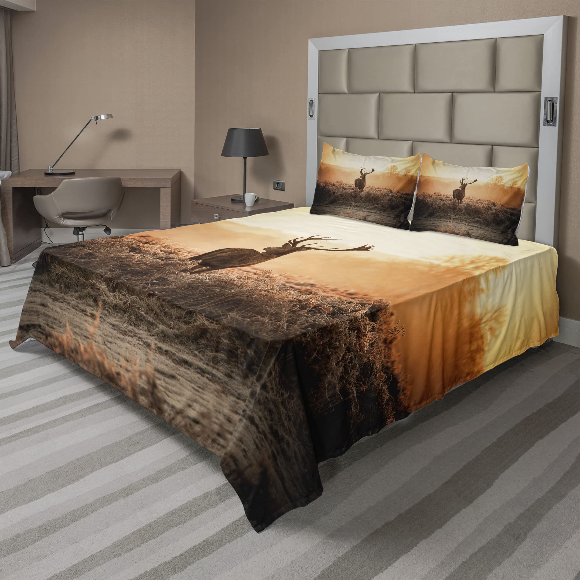 Ambesonne Hunting Sheet Set - Red Deer in Morning Sun Wilderness Nature Scenery, 4-Piece Queen Size Bedding (Fitted Sheet, Flat Sheet, 2 Pillowcases) - Brown Orange Countryside Design for Cabin, Lodge & Outdoor Enthusiast Bedrooms
