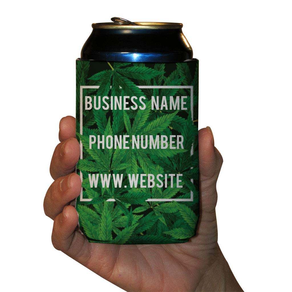 Custom CBD Can Coolers with Business Branding - Personalized Name, Phone & Website - Bulk 50 Pack for CBD Retailers & Events - Perfect for Promotions, Trade Shows & Customer Giveaways