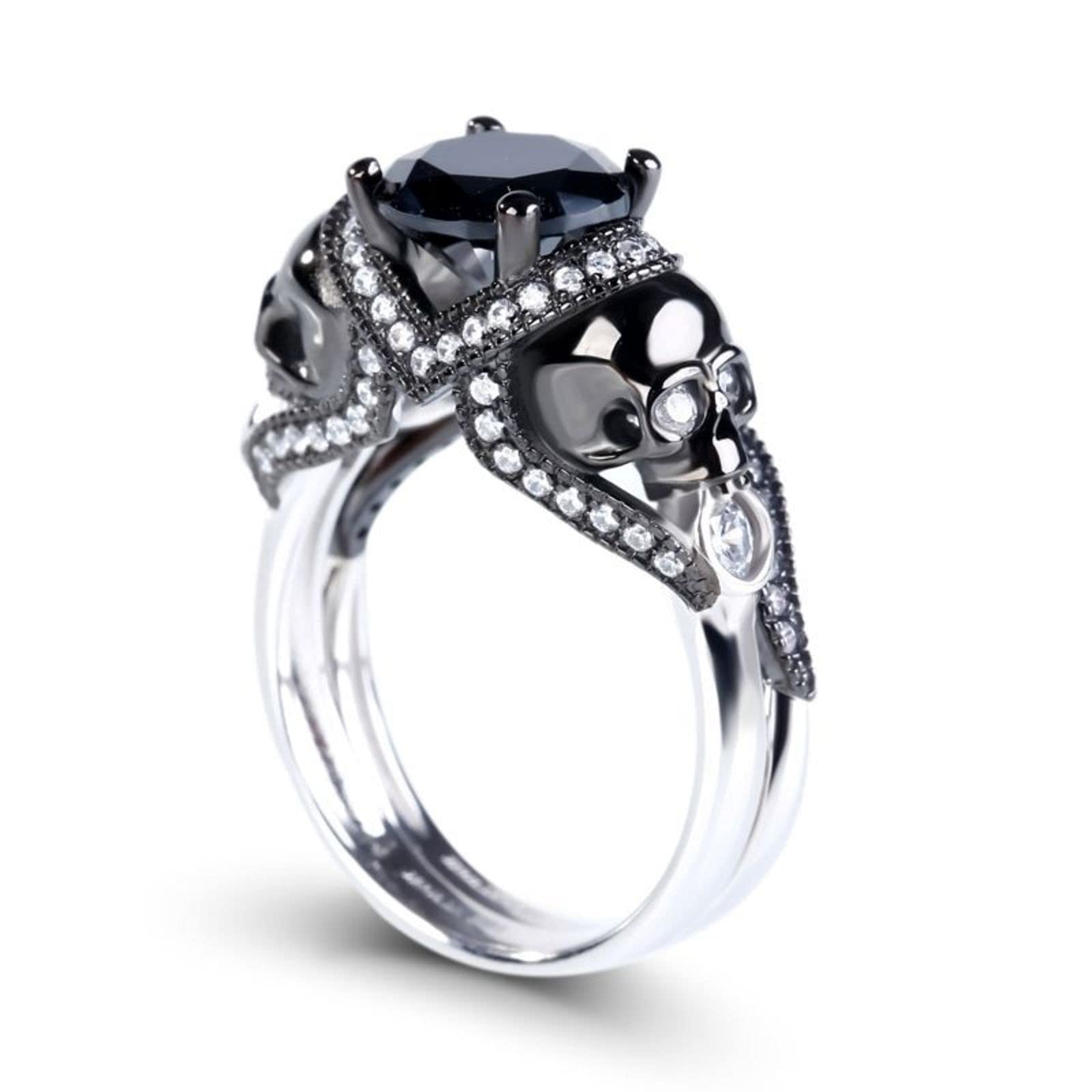 Jeulia 4.97 Carat Twist Skull Ring for Women - Sterling Silver Two-Tone Round Cut White Diamond Bridal Set, Black Plated Engagement Promise Ring with Gift Box | Gothic Jewelry, Wedding Band, Anniversary Gift, Unique Statement Piece