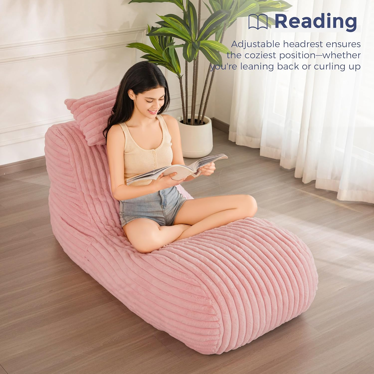 MAXYOYO Ergonomic Chaise Lounge Chair with Pillow - Soft Velvet Fabric Floor Sofa for Bedroom & Living Room - Pink Fainting Couch | Perfect for Relaxing, Reading & Napping in Style