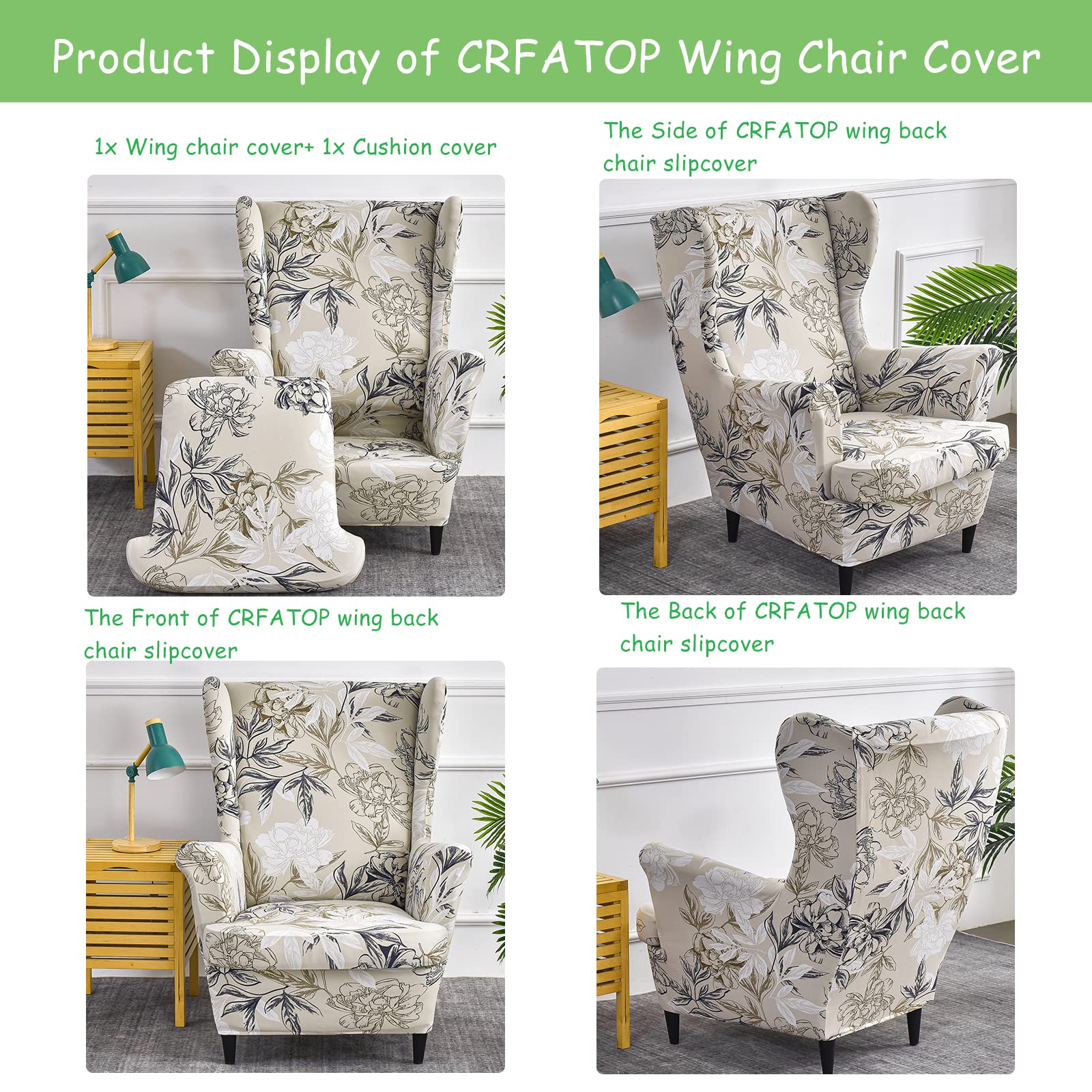 CRFATOP 2-Piece Stretch Wingback Chair Slipcovers - Printed Spandex Fabric with Elastic Bottom - Fits Most Wing Chairs (38