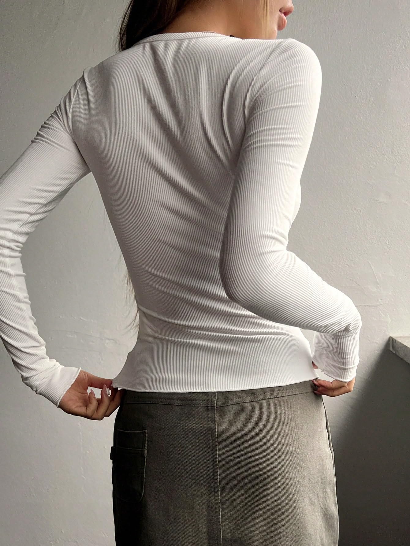 COZYEASE Women's Slim Fit Long Sleeve Henley Shirt - Ribbed Knit Tee with Half Button Closure, Round Neck Tops (White, Size M) | Perfect for Casual Outfits, Layering in Fall & Winter, Office Wear and Weekend Errands