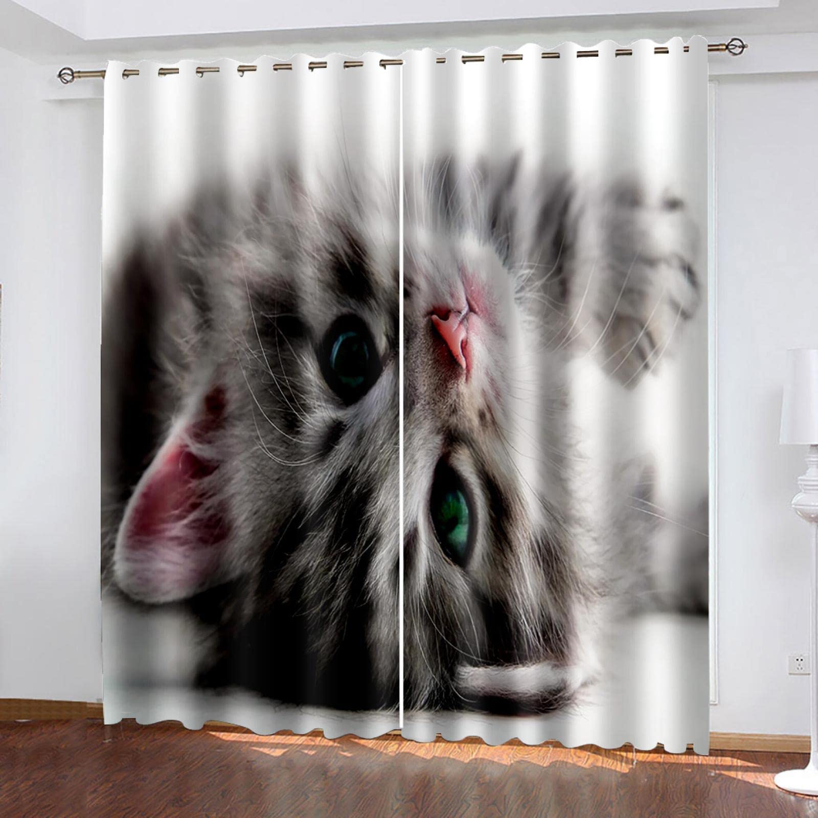 WHXM 2 Panels Blackout Thermal Insulated Eyelet Curtains - Super Soft Opaque Polyester Window Drapes in Gray Animal Cat Print (110x102 Inch) for Bedroom, Living Room & Nursery - Perfect for Light Blocking, Privacy & Temperature Control