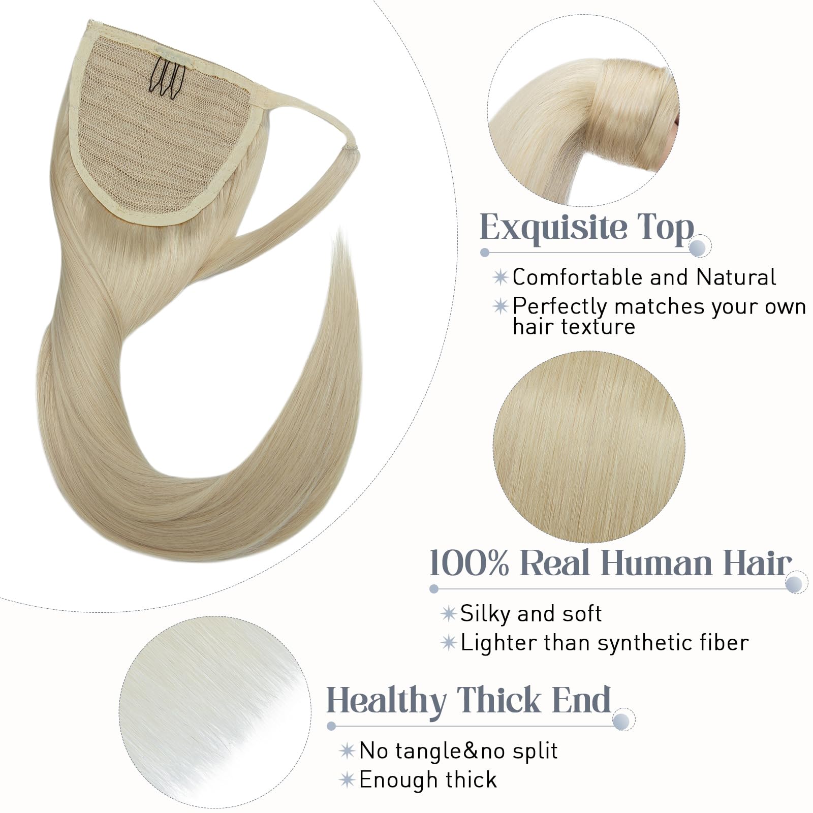 Premium 22 Inch Human Hair Ponytail Extensions - 95g Real Hair Clip-In Ponytail Wrap (Color #60 Platinum Blonde) for Women | Long Straight Hair Extensions for Daily Wear, Parties & Special Occasions