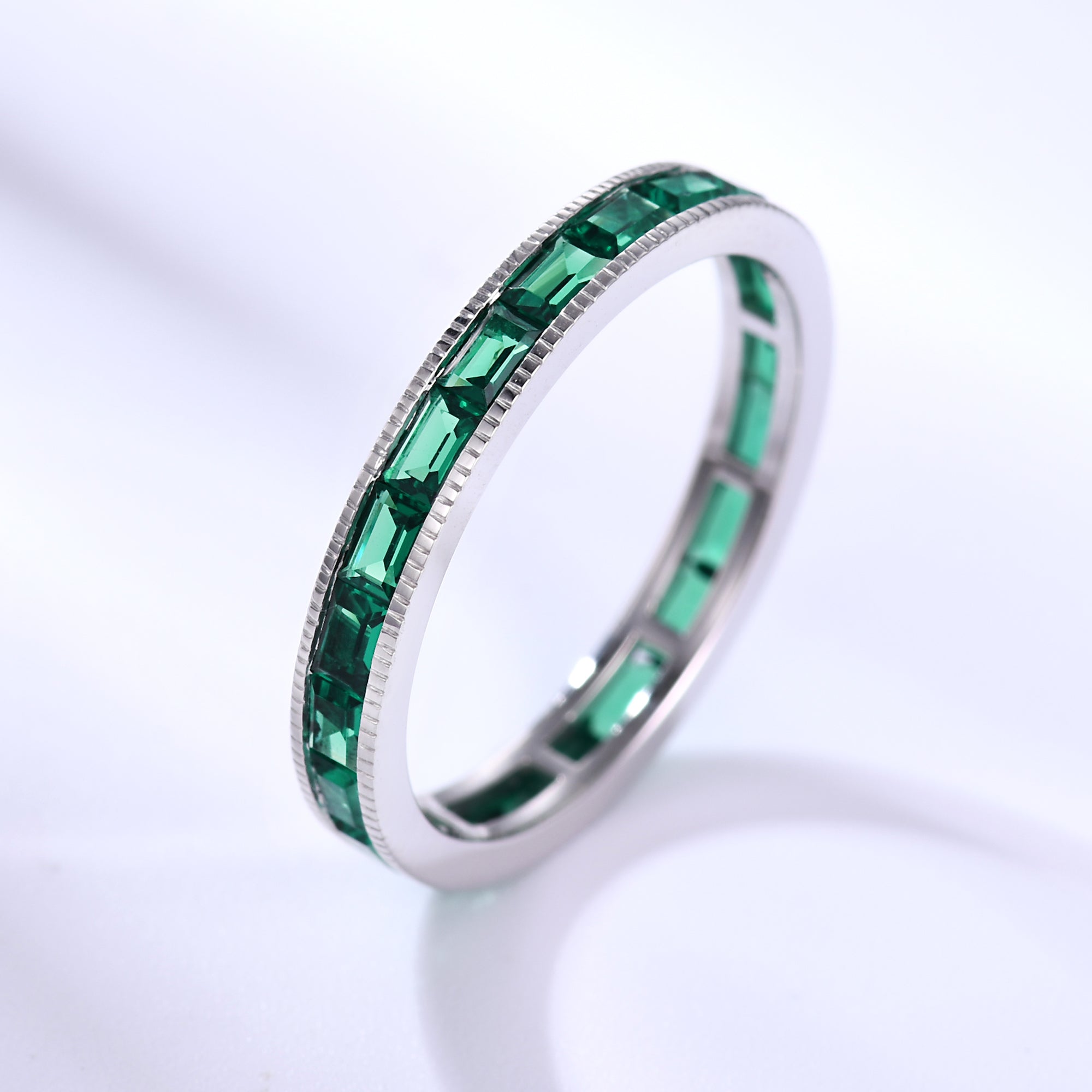 Milgrain Baguette Emerald Wedding Band - Full Eternity Ring for Women | Elegant Bridal Jewelry, Anniversary Gift & Engagement Ring Alternative | Perfect for Weddings, Proposals & Special Occasions