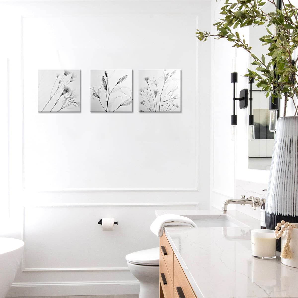 Abstract Gray and White Floral Canvas Wall Art - Modern Minimalist Bathroom Decor, Bedroom & Living Room Pictures - Waterproof Home Decoration for Kitchen, Office & Spa Relaxation Areas