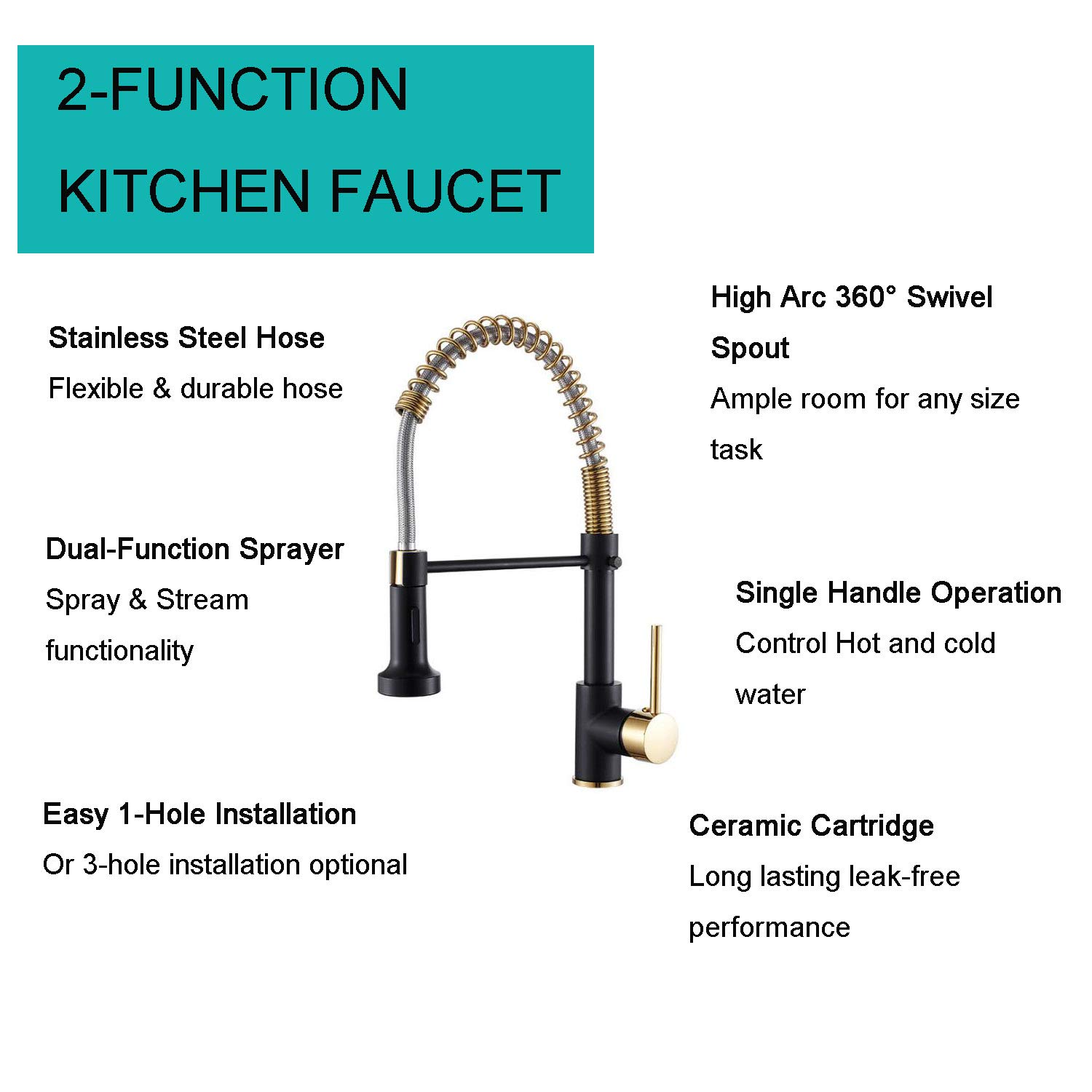 Premium Commercial Kitchen Faucet with Pull Down Sprayer - Single Handle Lever Spring Sink Faucet in Black & Gold Finish - Ideal for Restaurant, Cafe & Home Kitchen Renovation