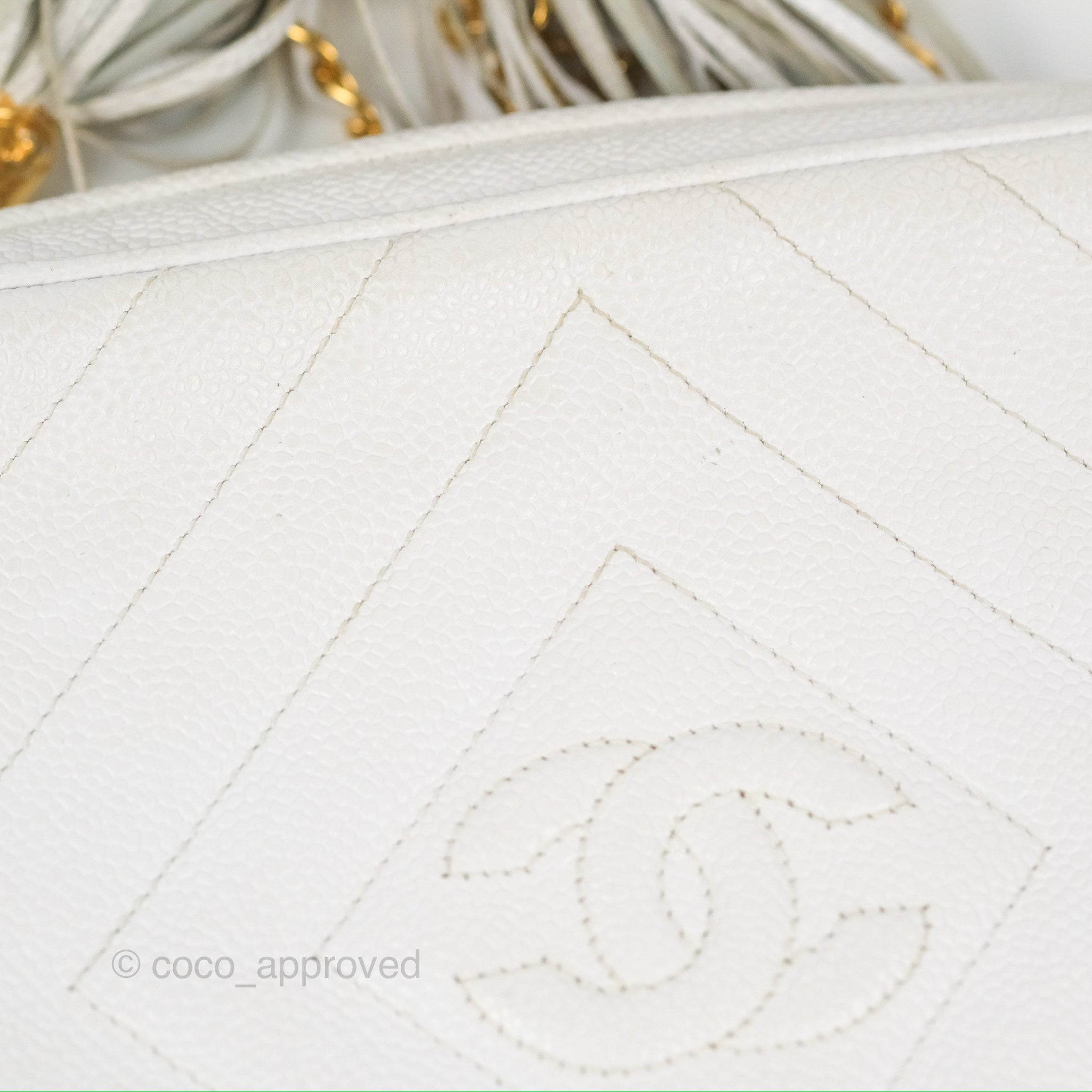 Chanel Chevron Quilted Tassel Camera Bag in White Caviar Leather with Gold Hardware - Perfect for Travel, Parties & Everyday Luxury