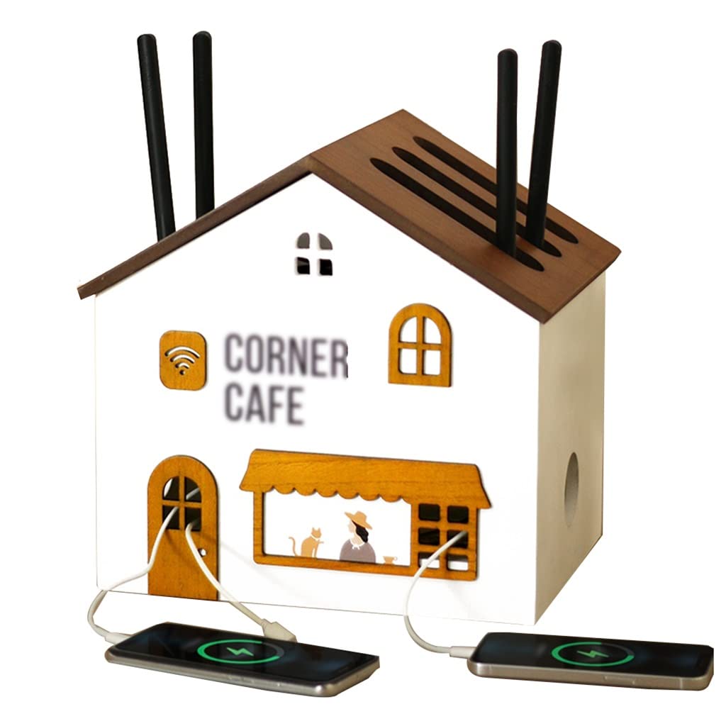 Wooden WiFi Router Storage Box with Cable Management - White Desktop Organizer for Wireless Modem, Hub & Electronics (30x23x29cm) - Perfect for Home Office, Living Room & Gaming Setup