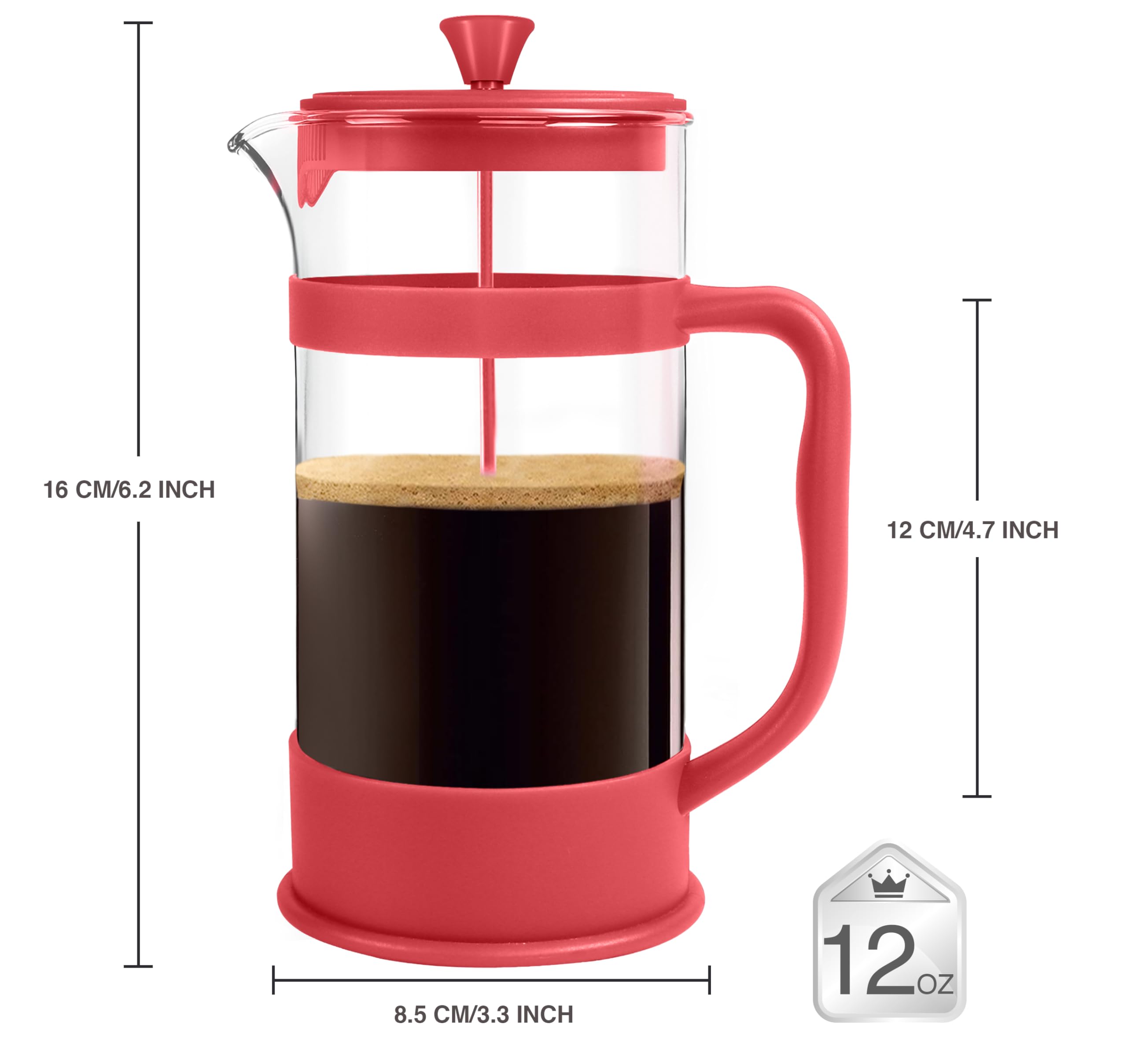 Utopia Kitchen 12oz (0.35L) French Press Coffee Maker & Tea Infuser - Heat Resistant Borosilicate Glass, Portable Travel Coffee Press for Camping, Office, Home Use - Perfect Gift for Coffee Lovers (Red, 1-Pack)