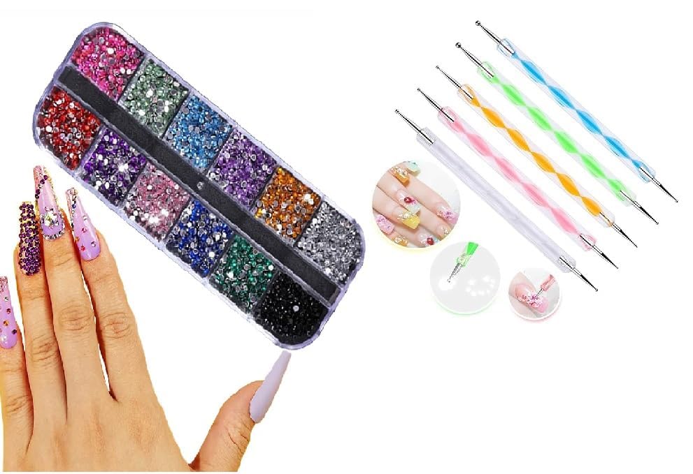 Miss Hot 5-in-1 Nail Dotting Pen & 12 Grid Rhinestones Kit - Professional Nail Art Tools for DIY Manicure, Gel Polish Designs, and Creative Nail Decorations