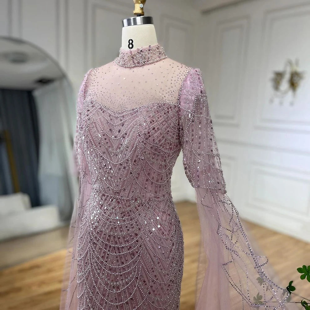 Luxury Dubai Pink Cape Sleeves Mermaid Beaded Arabic Evening Dress for Women - Elegant Long Gown for Wedding, Party & Special Occasions - Serene Hill LA71992A