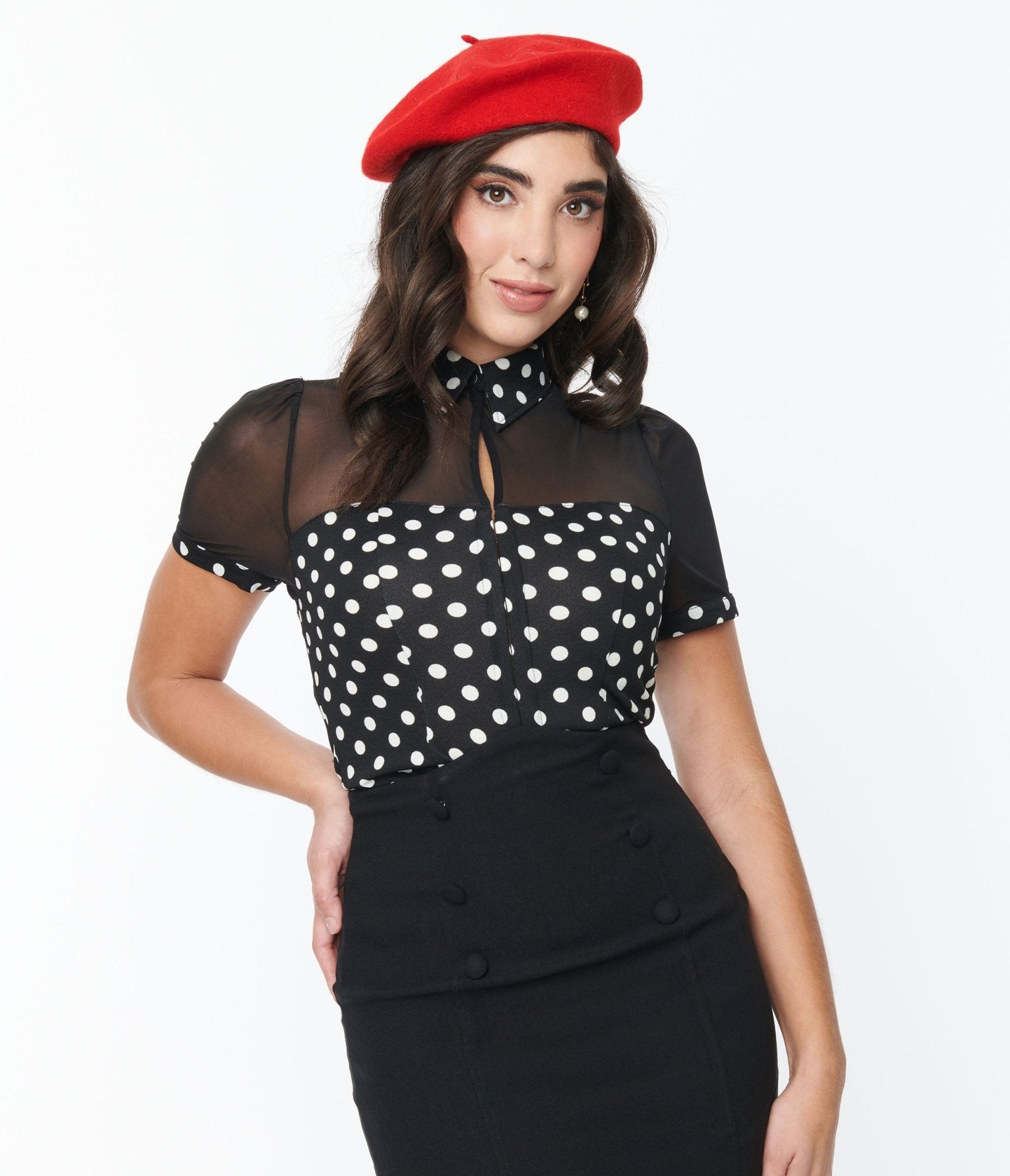 Vintage Black & White Polka Dot Sweetheart Mesh Top - Retro Floral Lace Blouse for Women, Perfect for Parties, Date Nights & 1950s Pinup Style Outfits
