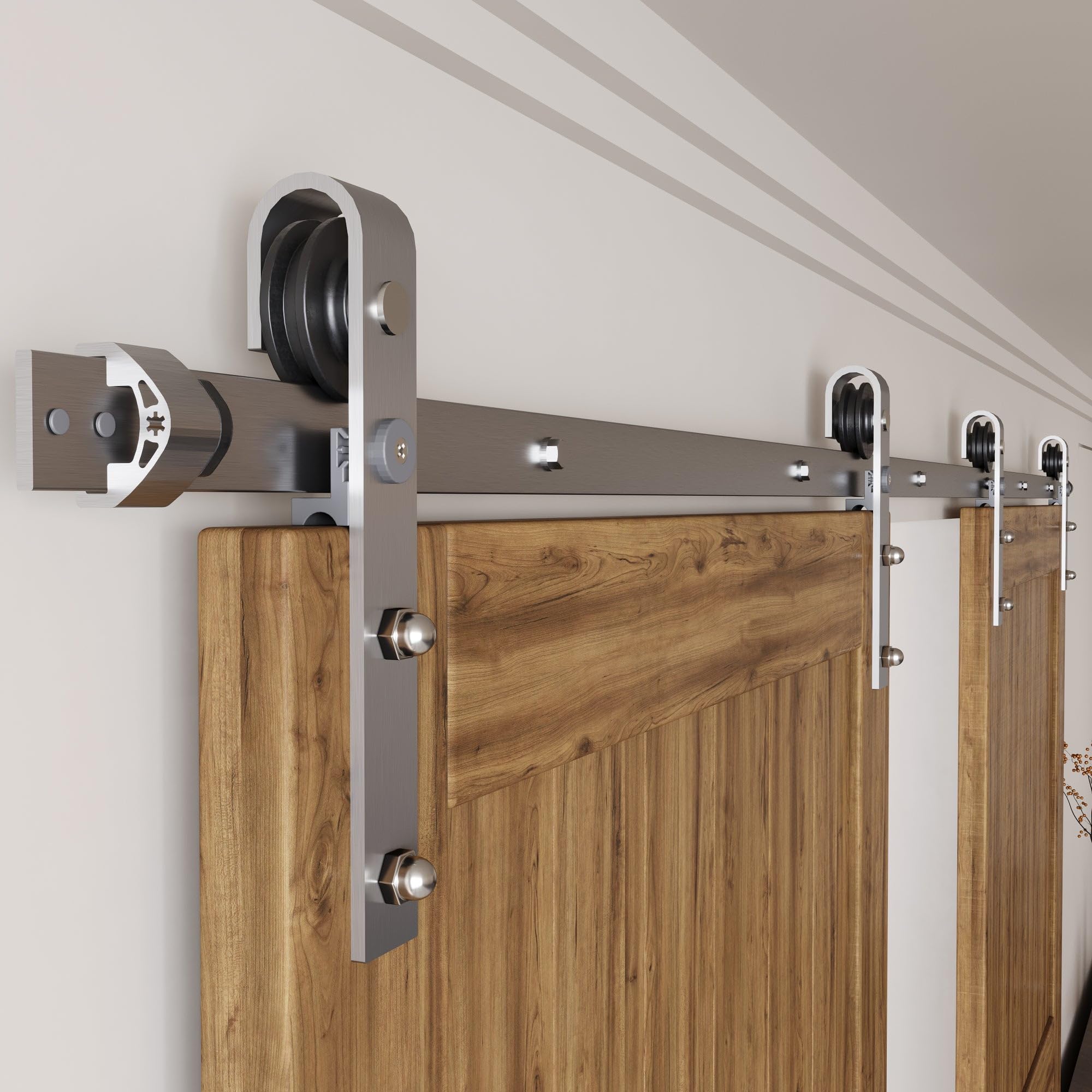 Homacer Brushed Nickel Sliding Barn Door Hardware Kit - Heavy Duty 12ft Flat Track for Double Doors, Classic Roller Design - Perfect for Farmhouse, Rustic & Modern Interior Spaces (Doors Not Included)