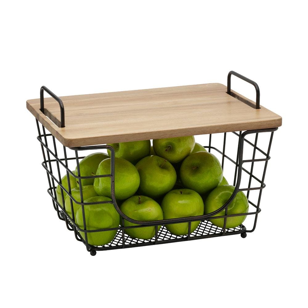 Premium Stacking & Nesting Baskets with Acacia Wood Lid - Stylish Storage for Kitchen, Bathroom, and Home Organization