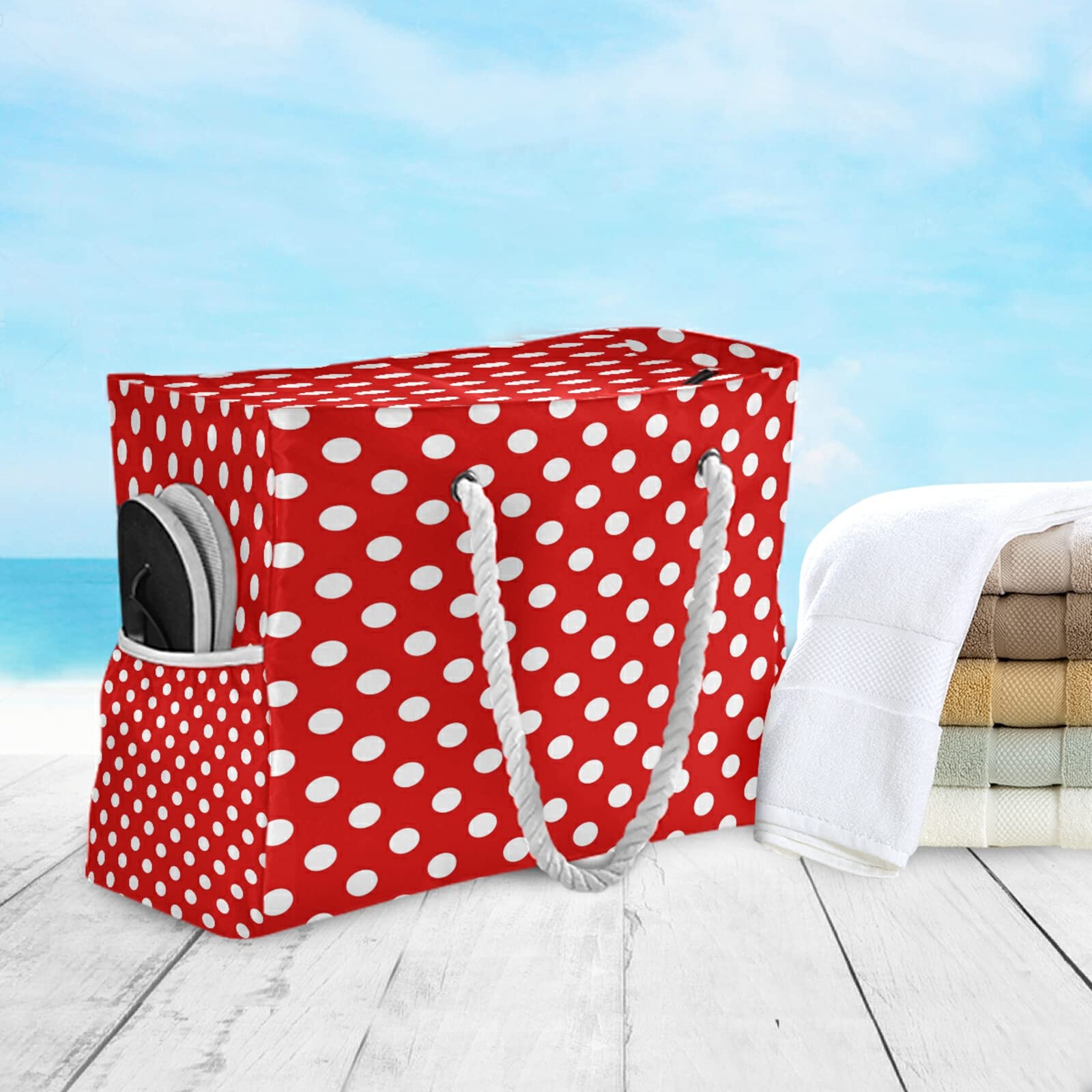 Stylish Red Polka Dot Tote Bag - Large Beach Bag with Rope Handles for Women, Perfect for Shopping, Groceries, Travel & Outdoor Activities | Durable & Fashionable Carryall for Beach Days, Picnics & Daily Use