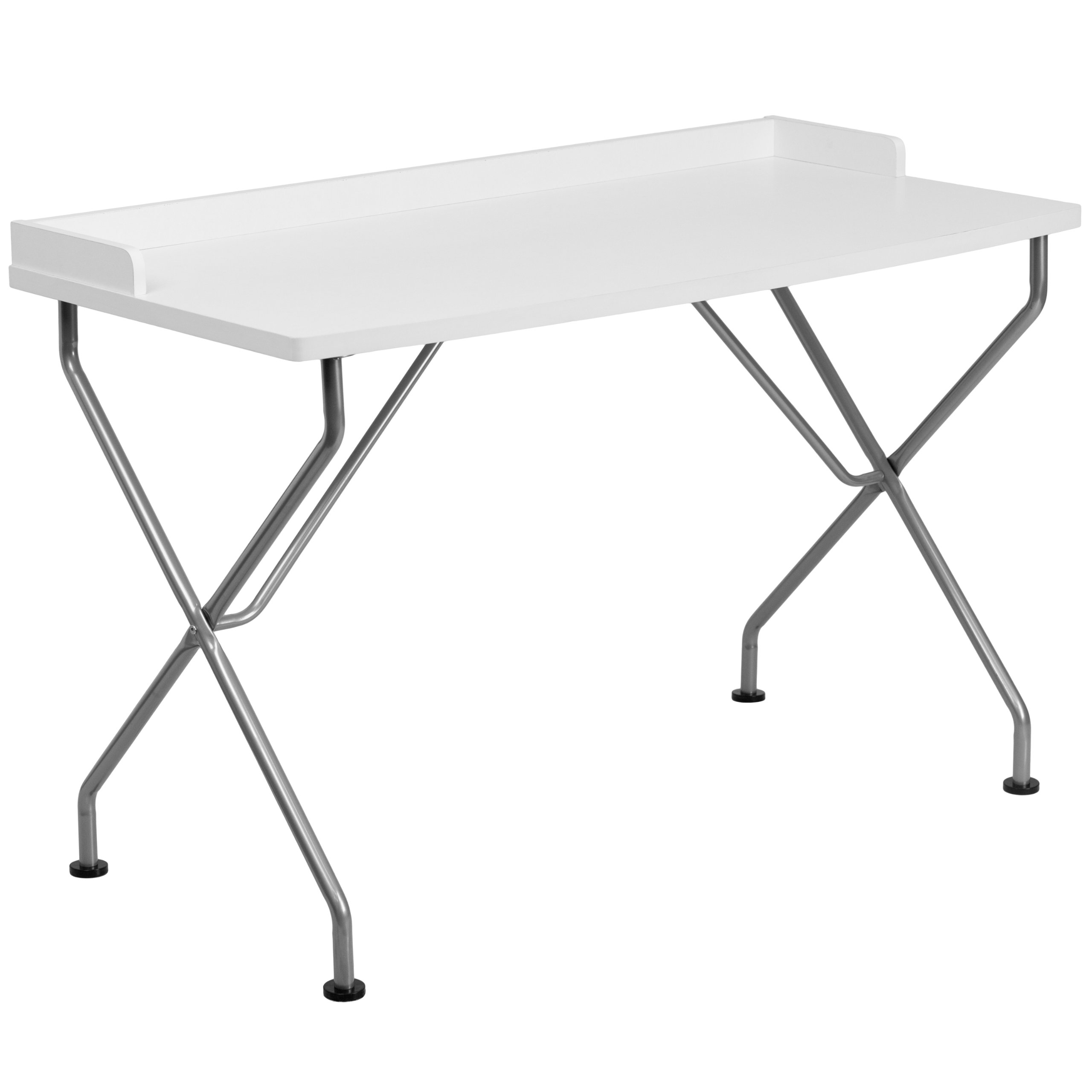 Flash Furniture White Computer Desk with Raised Border & Silver Metal Frame - Home Office Desk for Work, Study, Gaming & Small Spaces