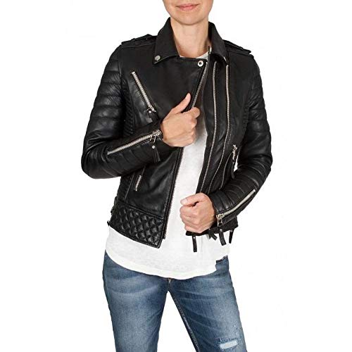 Women's Genuine Leather Motorcycle Jacket - Stylish Black Biker Outerwear for Riding & Casual Wear