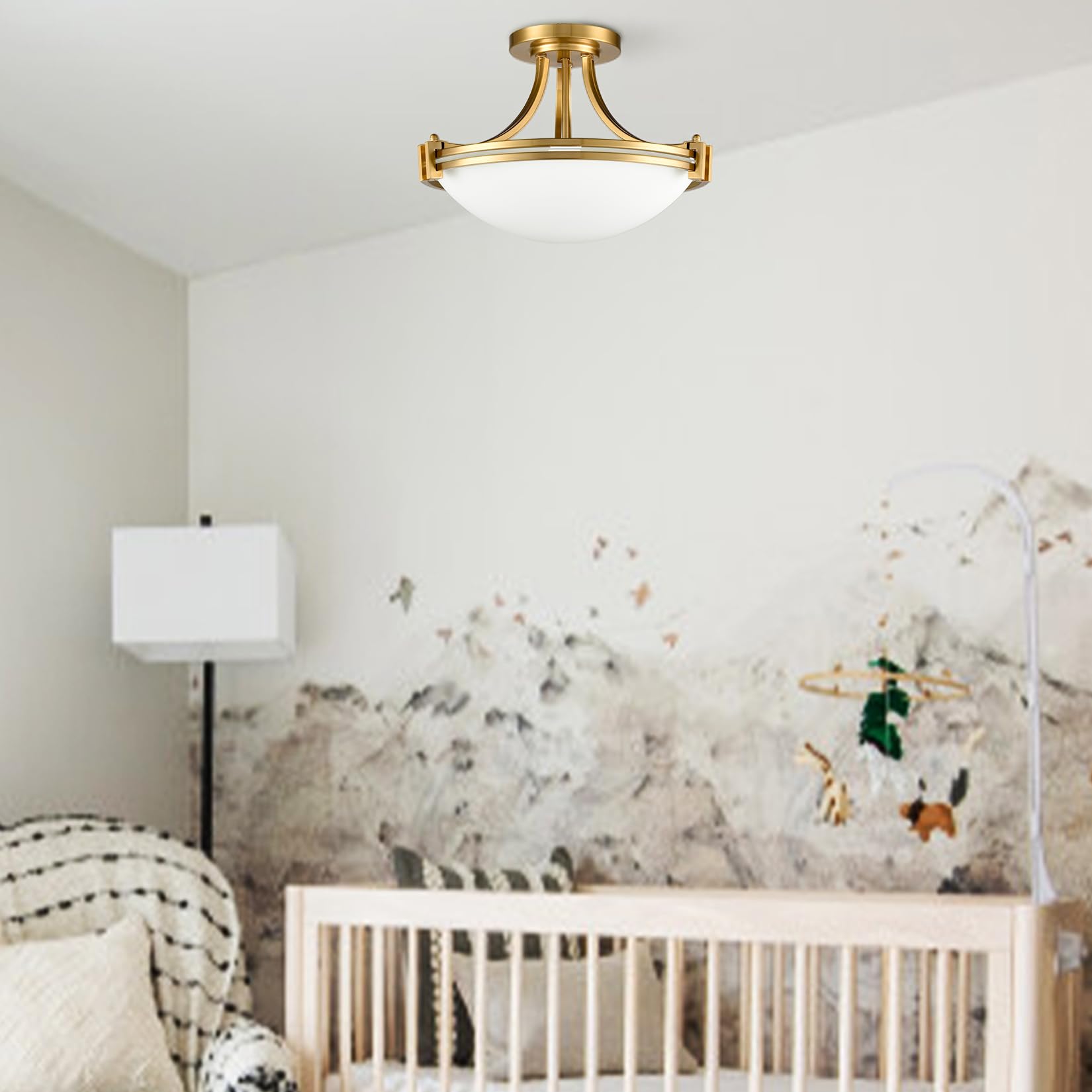 SAMTEEN 3-Light Modern Brass Semi Flush Mount Ceiling Fixture - Mid Century Gold Finish with Milk Glass Shade - Perfect for Hallway, Bedroom, Foyer & Kitchen Lighting