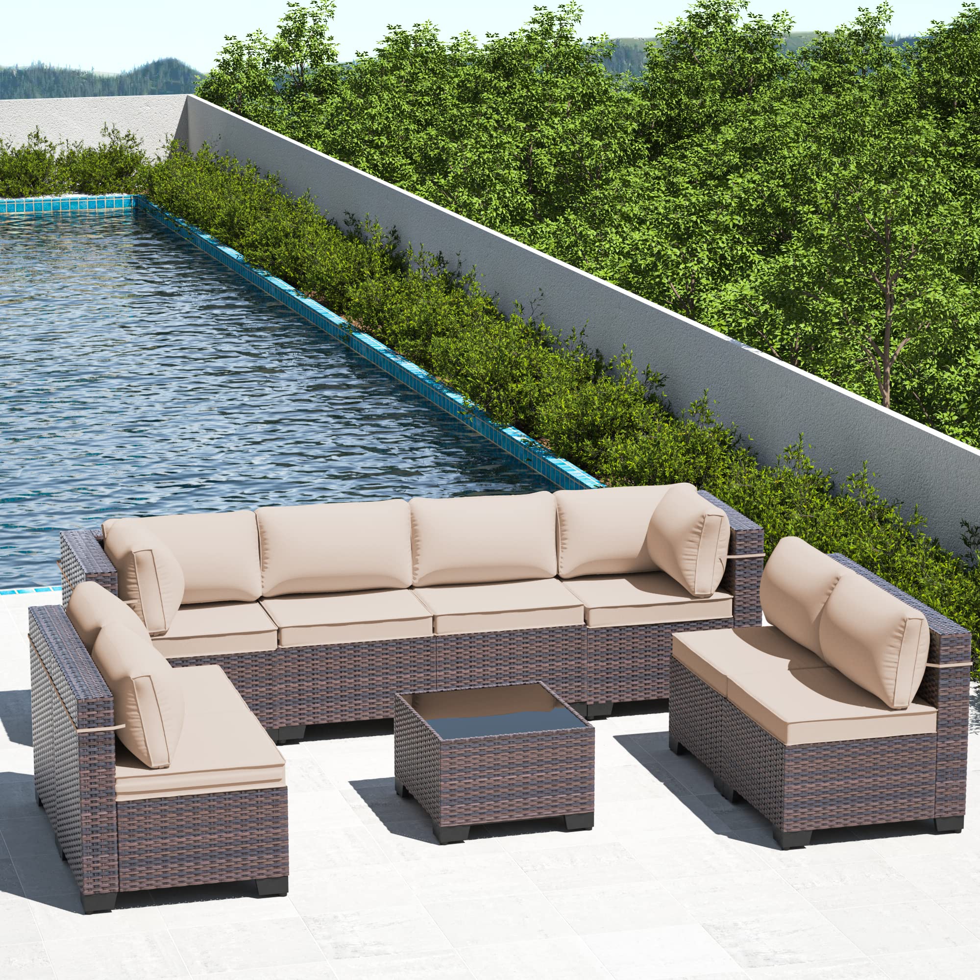 **9-Piece All-Weather Outdoor Patio Furniture Set - PE Wicker Modular Sectional Sofa with Coffee Table & 8 Chairs (Brown) - Perfect for Backyard, Garden, Poolside & Patio Relaxation**