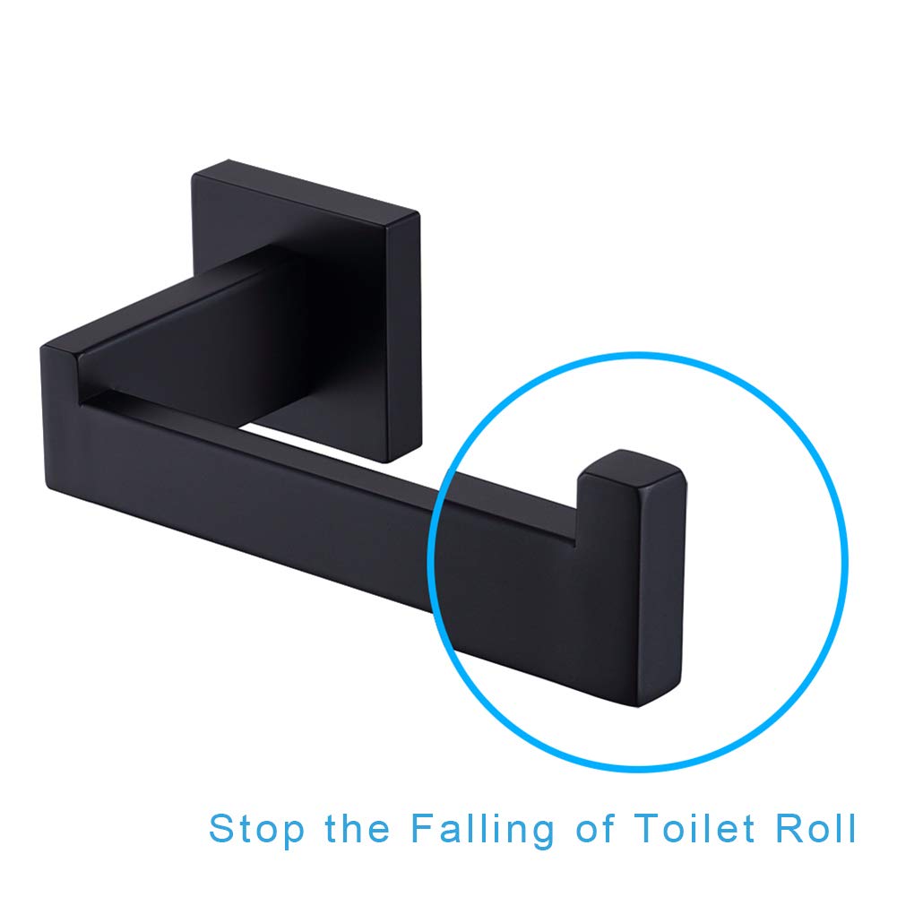 TASTOS Matte Black Toilet Paper Holder - Stainless Steel Wall Mounted Tissue Roll Dispenser & Hanger for Bathroom & Kitchen - Modern Square Design - Perfect for Small Spaces & Contemporary Home Decor