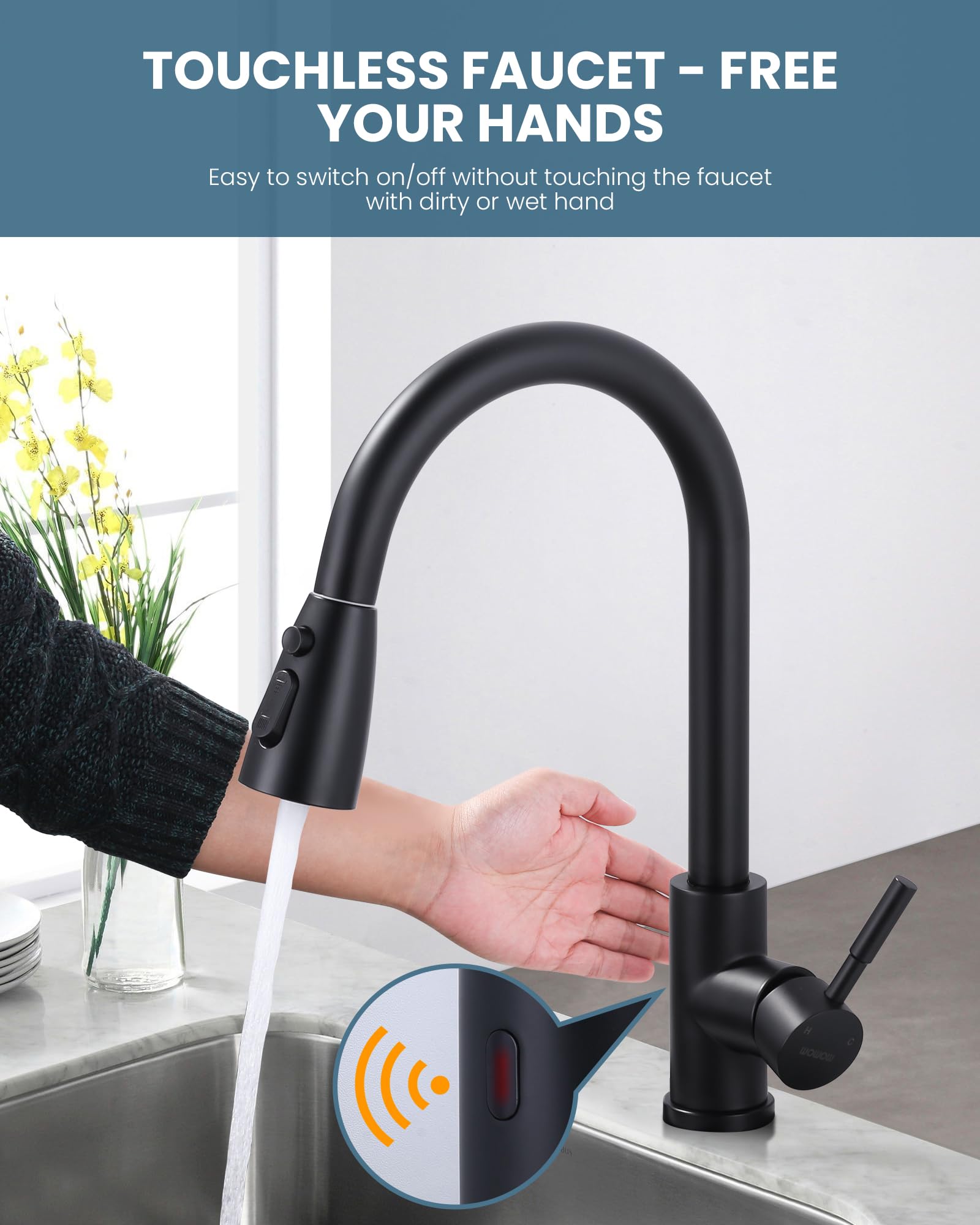 Smart Motion Sensor Touchless Kitchen Faucet with Pull Down Sprayer - Matte Black Stainless Steel 1 or 3 Hole Single Handle Sink Faucet - Ideal for Modern Kitchens, Commercial Spaces & ADA Compliant Installations