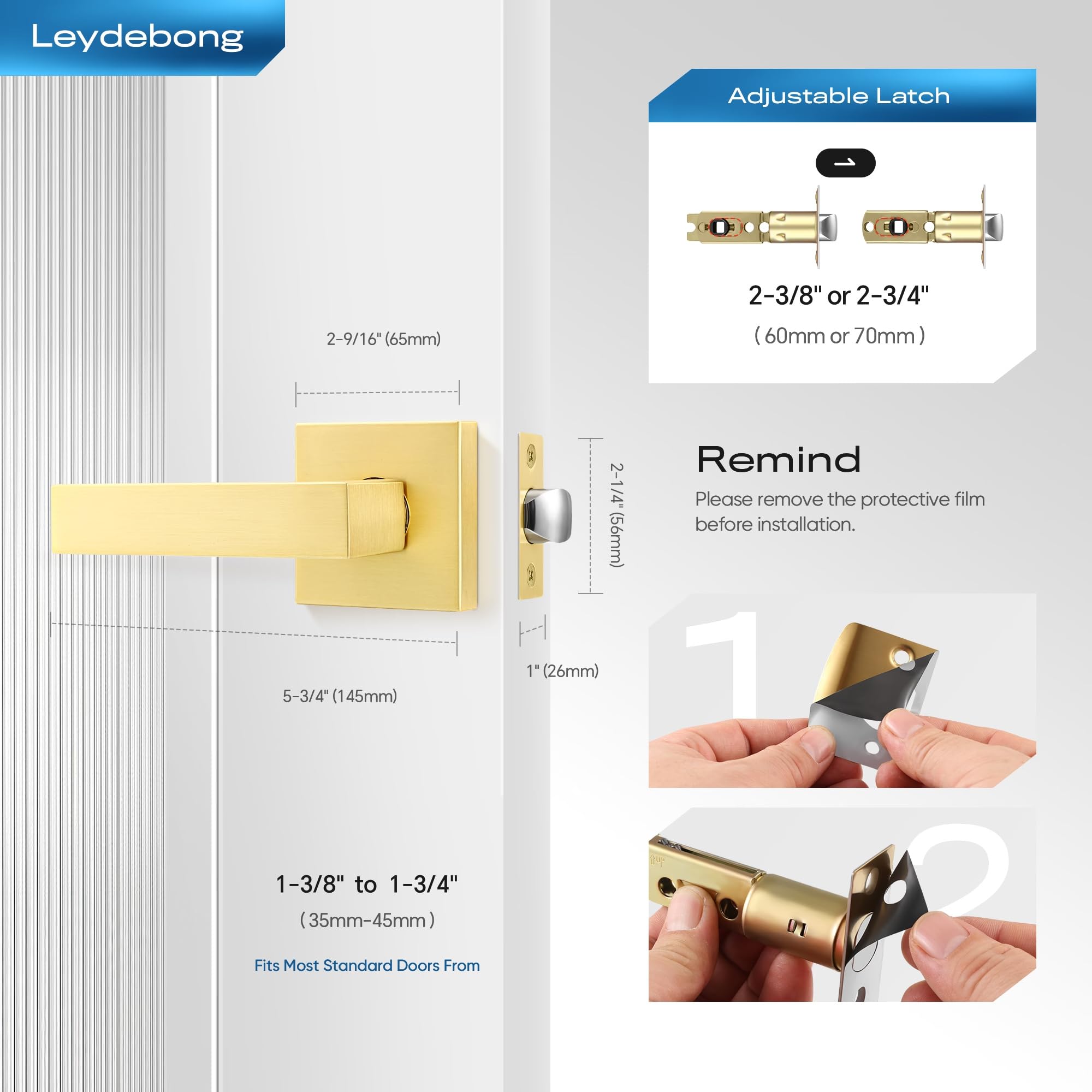 Brushed Gold Keyless Door Handles 3 Pack - Satin Brass Finish for Closet & Hallway