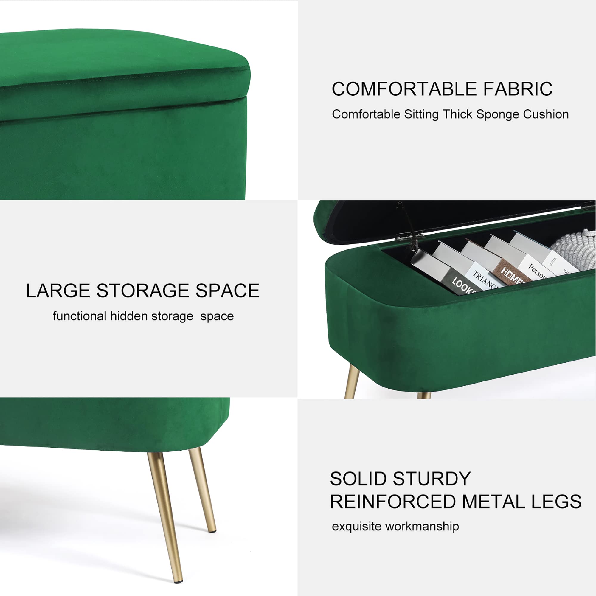 Joveco Velvet Upholstered Storage Bench with Golden Metal Legs - Modern Ottoman Footrest, Coffee Table for Entryway, Living Room, Bedroom & Window Seat - Soft Padded Seat (Green) | Perfect for Small Space Organization, Extra Seating & Stylish Home Decor