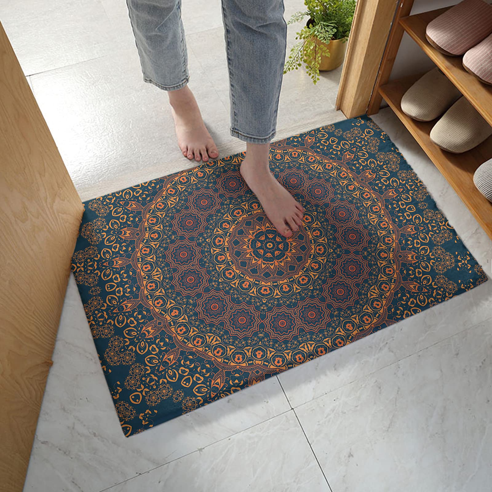 Fluffy Plush Bathroom Rug - Super Soft Absorbent Non-Slip Shaggy Doormat, Vintage Ethnic Mandala Floral Design, Indian Boho Style for Bedroom, Living Room & Front Door - Perfect for Bath Mats, Indoor Floor Decor & Cozy Home Accents