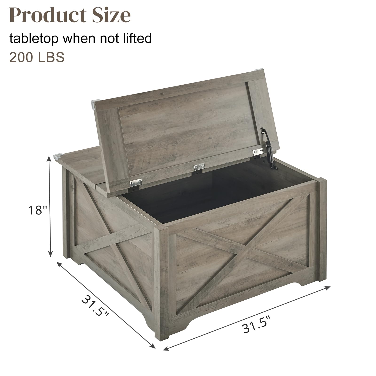 Karl Home Square Coffee Table with Storage - Farmhouse Rustic Gray Wooden Center Table with Hinged Lifting Tabletop - 31.5