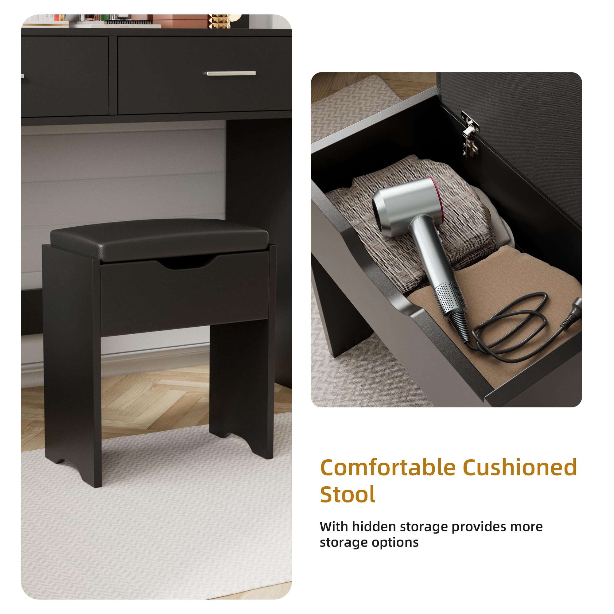 YESHOMY Vanity Desk with Mirror - Makeup Dressing Table with 11 Adjustable LED Lights, 2 Spacious Drawers & Soft-Padded Stool - 3 Lighting Modes Touch Control - Modern Bedroom Vanity Set for Women (Black) | Perfect for Makeup Application, Skincare Routine & Home Decor