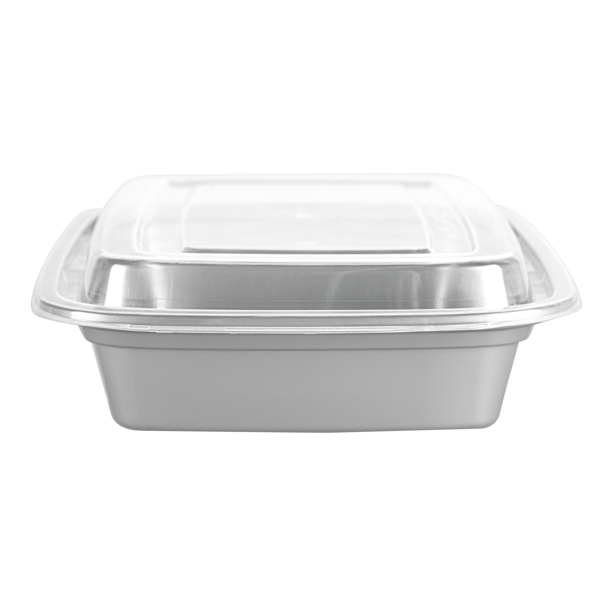 28 oz Rectangle Silver Plastic To-Go Food Containers with Clear Lids - Microwave Safe, 8.75