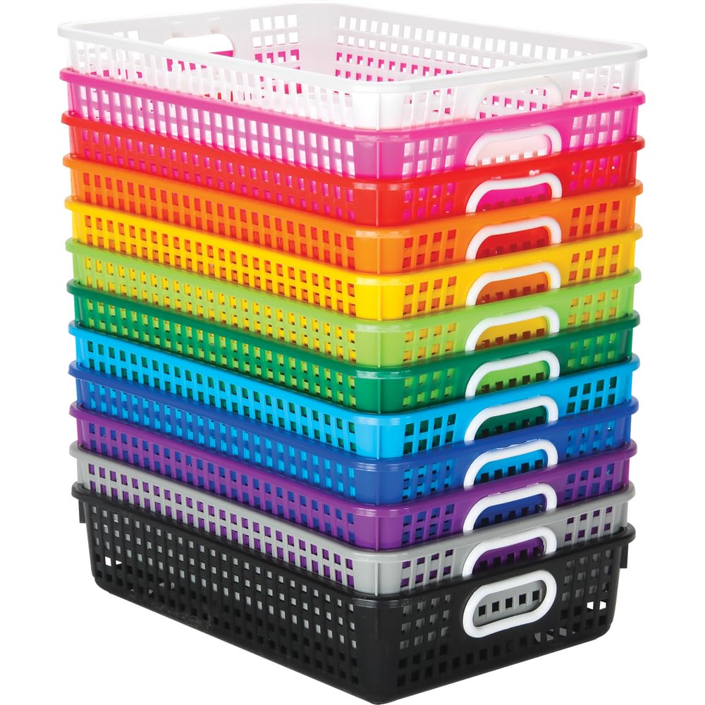 12-Pack Plastic Mesh Desktop Paper Storage Baskets for Classroom & Home Office - 14x10 Inches, Crease-Free Organization, Rainbow Colors | Perfect for Teachers, Students & Remote Work