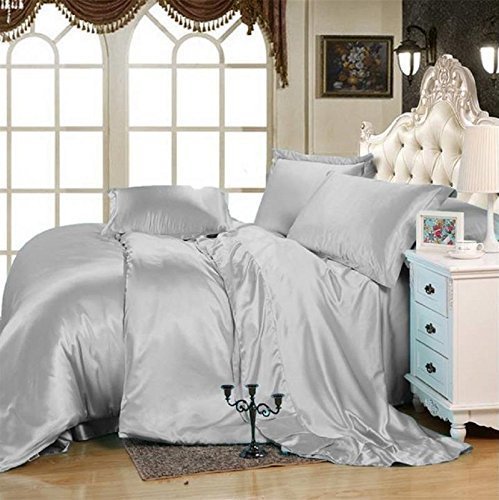 Silver Satin Queen Sheet Set - 4PC Luxury Bedding for Home & Hotel