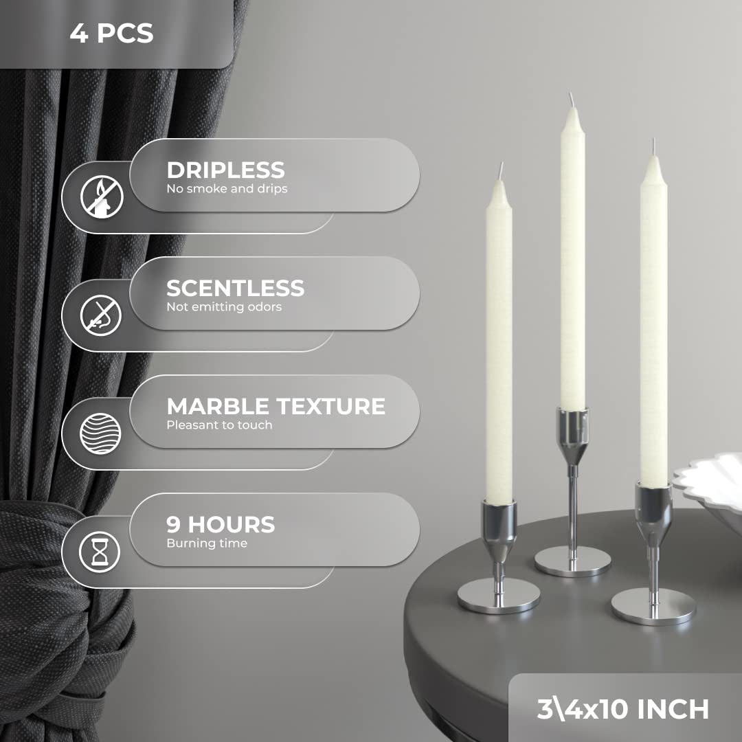 Premium Ivory Taper Candles 10 Inch - Unscented Dripless Dinner Candles (Pack of 4) | Slow Burning Smokeless Candlesticks for Wedding Centerpieces, Romantic Dining & Holiday Decorations