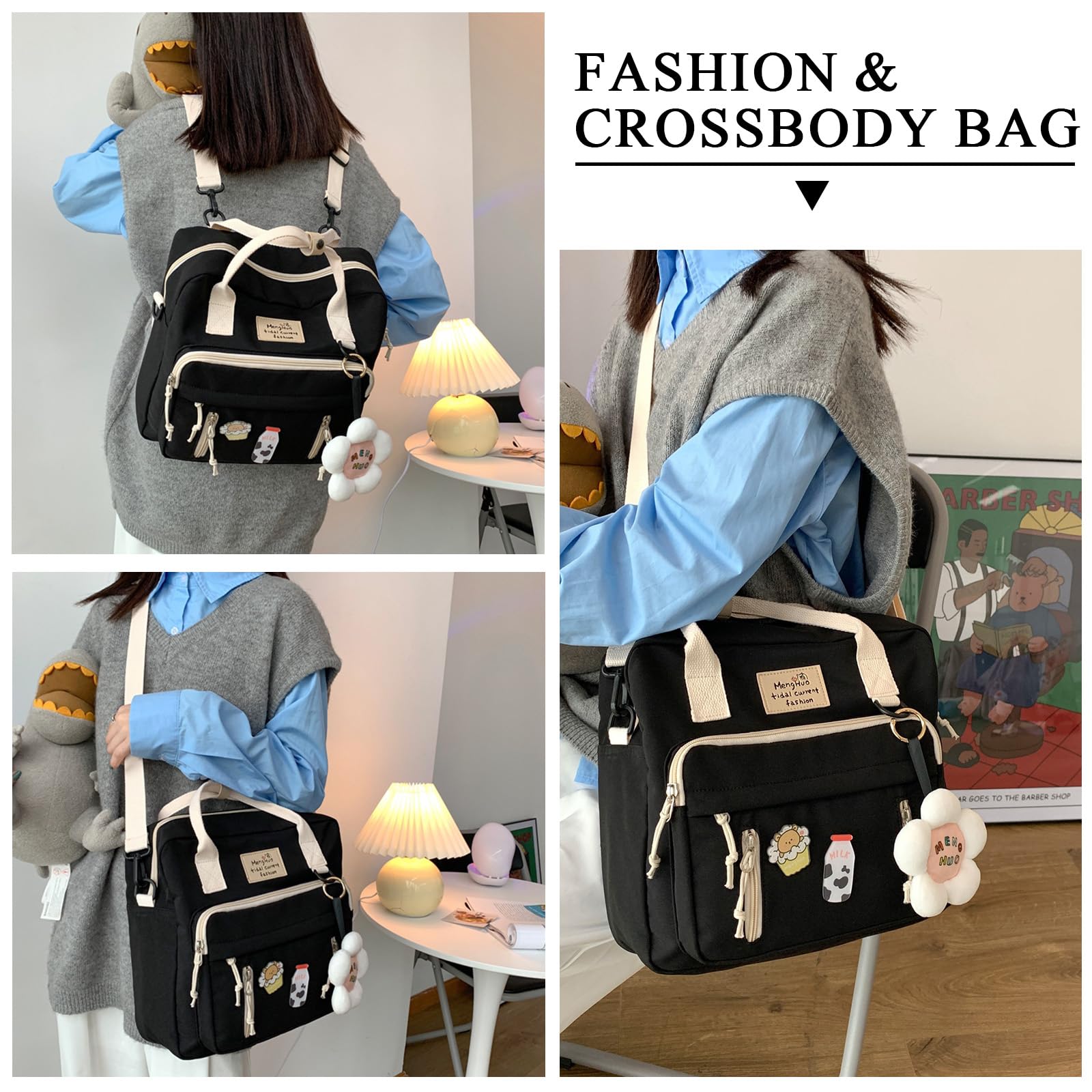 Stylish Kawaii Messenger Bag - Japanese Aesthetic Crossbody Backpack with Cute Accessories | Perfect for School, Travel & Anime Conventions