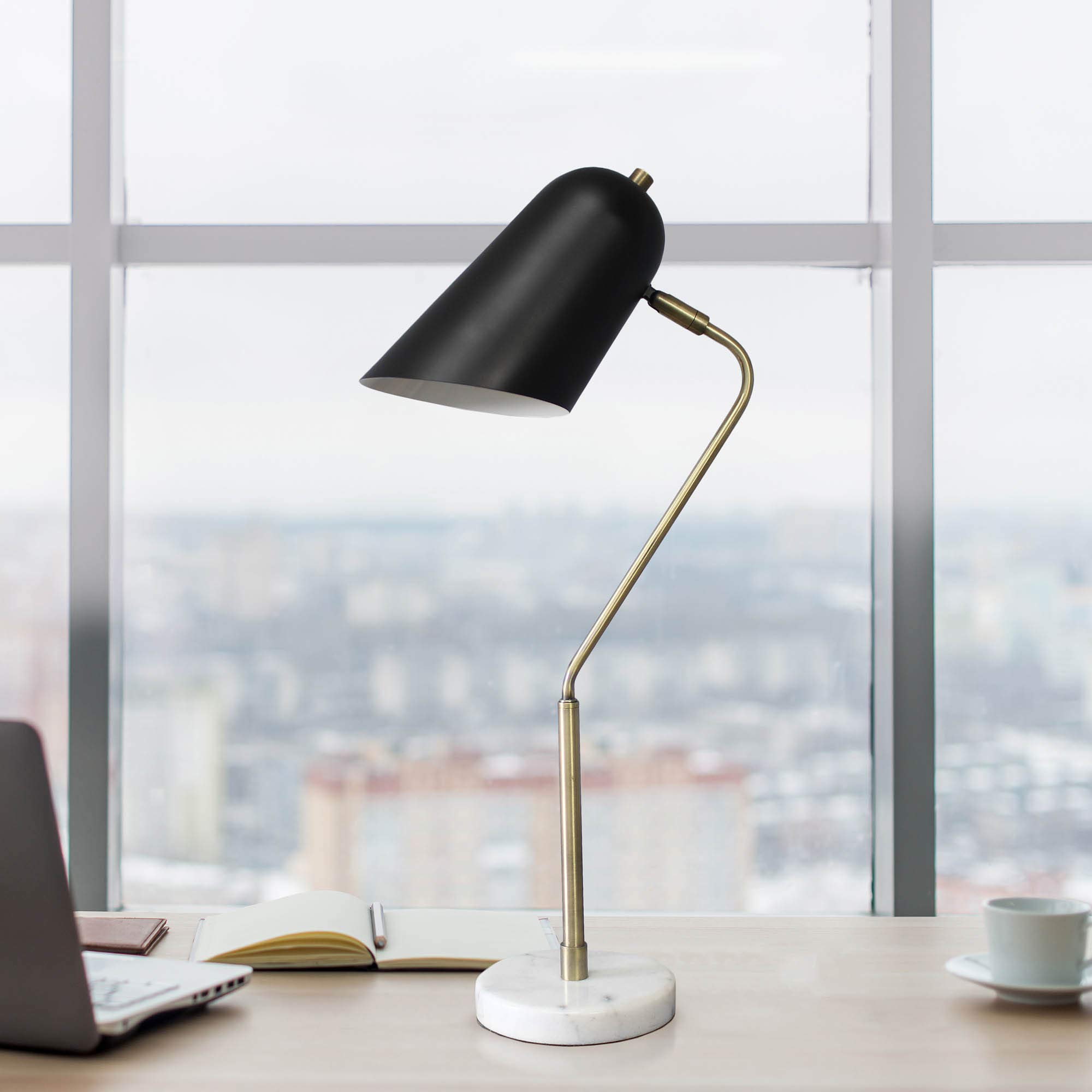 Vintage Industrial Desk Lamp - 24 Inch Adjustable LED Light with Antique Brass, Matte Black & Marble White Finish (LHD-5058-AB) | Perfect for Home Office, Study Room & Reading Nook Lighting