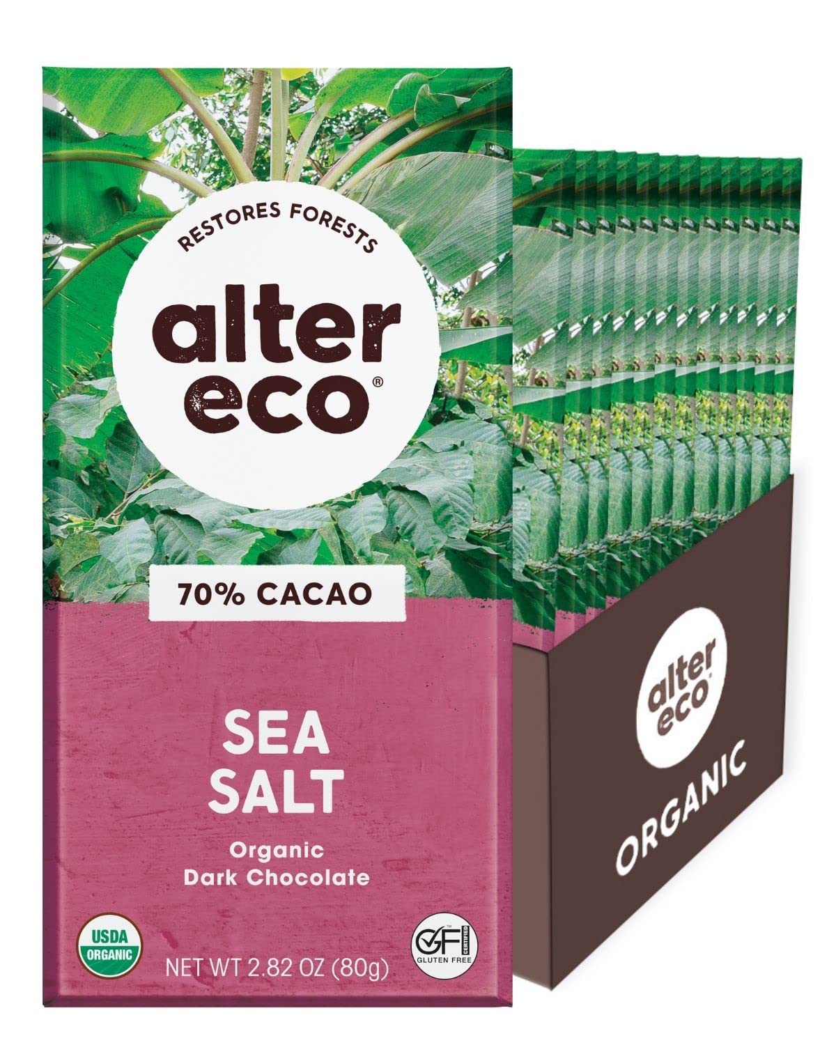 Alter Eco Organic Fair Trade Dark Chocolate Bars with Sea Salt - 12 Pack | Non-GMO, Gluten Free, Pure Dark Cocoa | Perfect for Gifts, Snacking & Healthy Desserts