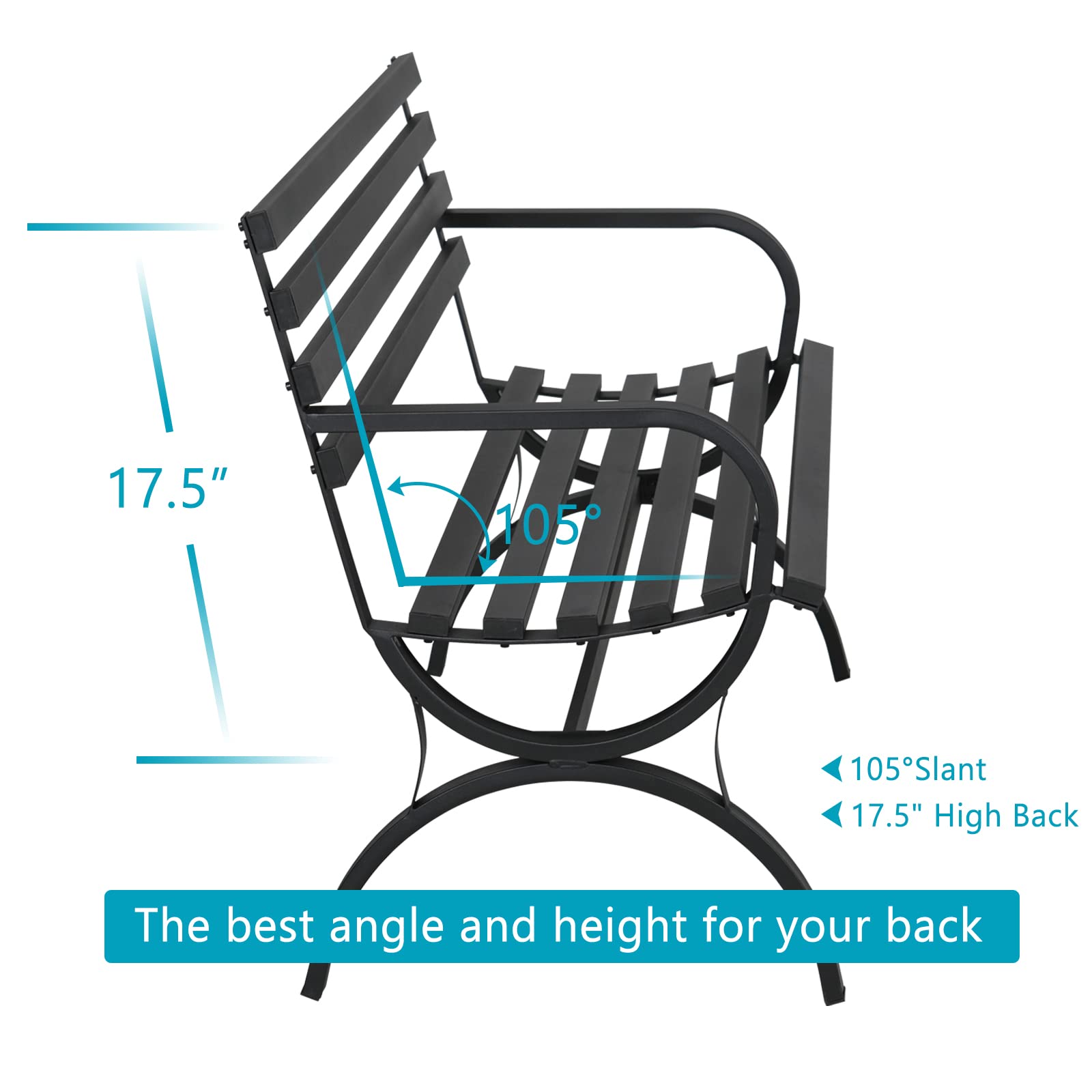 MFSTUDIO Outdoor Garden Patio Bench - Durable Iron Metal Steel Frame with Backrest & Armrest - Perfect for Lawn, Porch, Backyard, Balcony - Black | Ideal for Relaxing in Gardens, Parks, and Outdoor Spaces