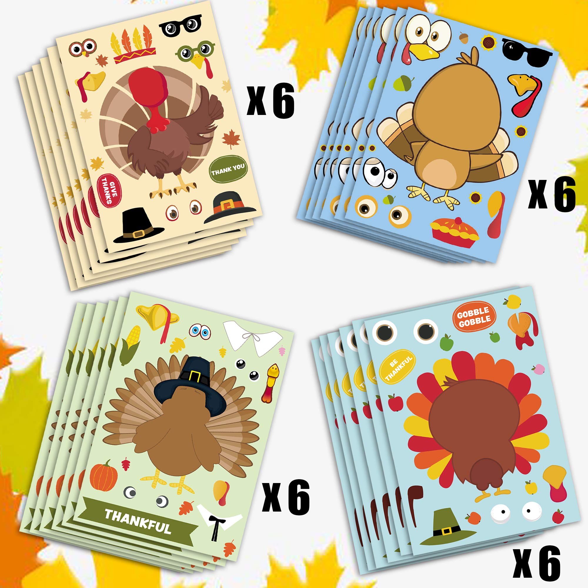 24 Sheets Thanksgiving Turkey Face Stickers for Kids - Bulk DIY Crafts, Party Favors & Classroom Activities | Perfect for Holiday Decorations, Scrapbooking & Gift Giving