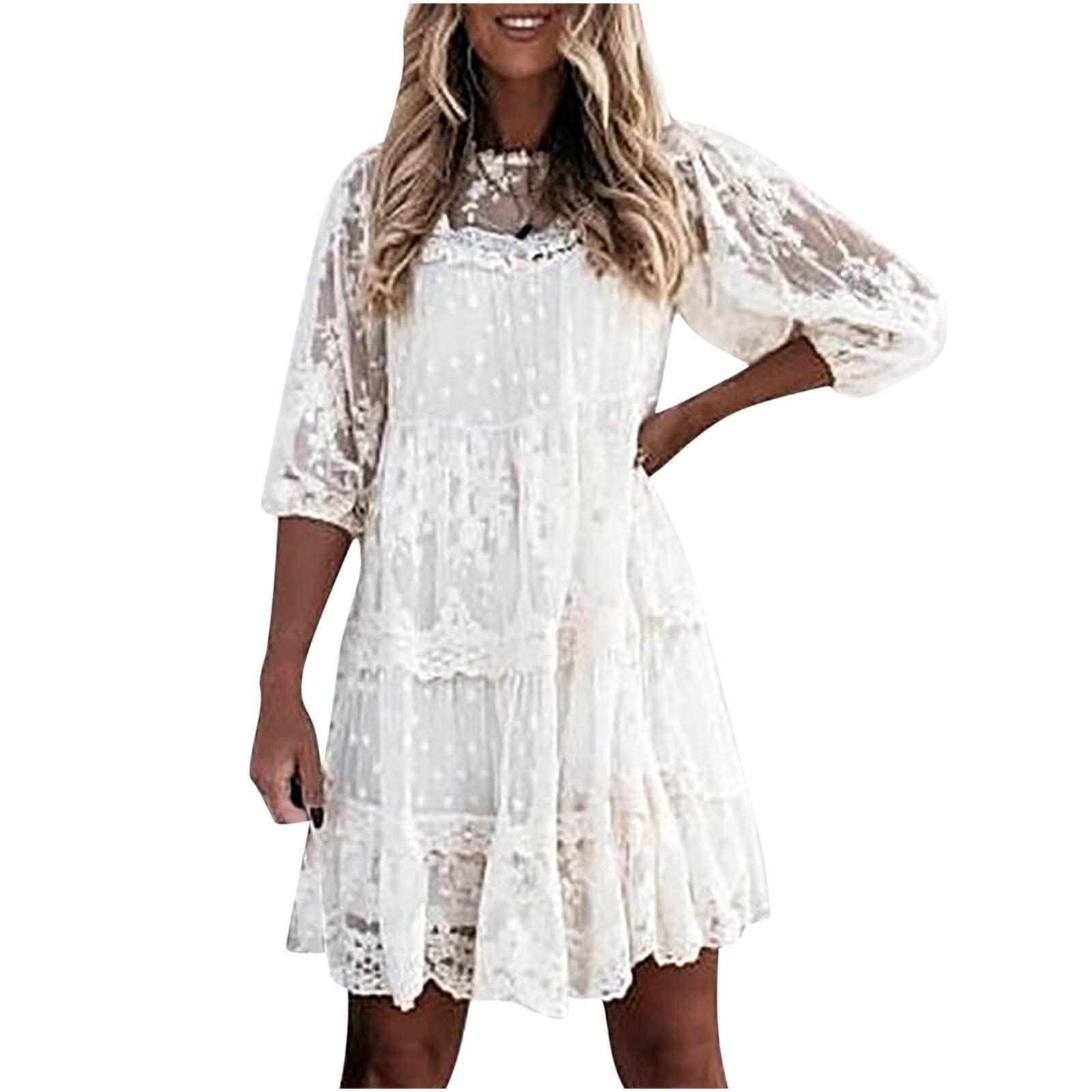 Sexy Hollow Out Lace Mini Dress for Women - 3/4 Sleeve Crewneck Solid Summer Dress - Perfect for Date Night, Cocktail Party & Beach Vacation
