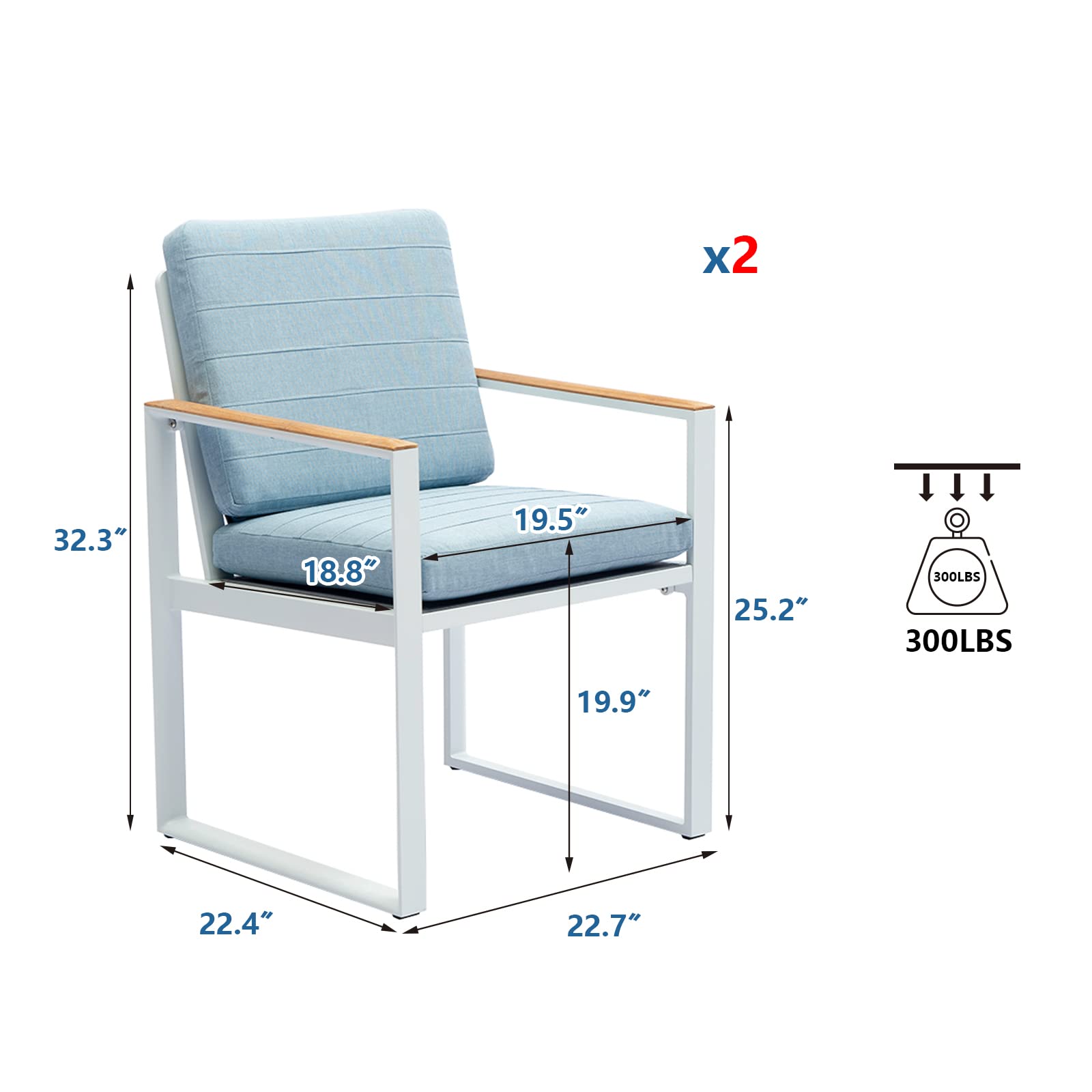 2-Piece White Aluminum Outdoor Dining Chair Set with Teak Armrests & Cushions - Patio, Garden & Backyard Furniture for Relaxing & Entertaining