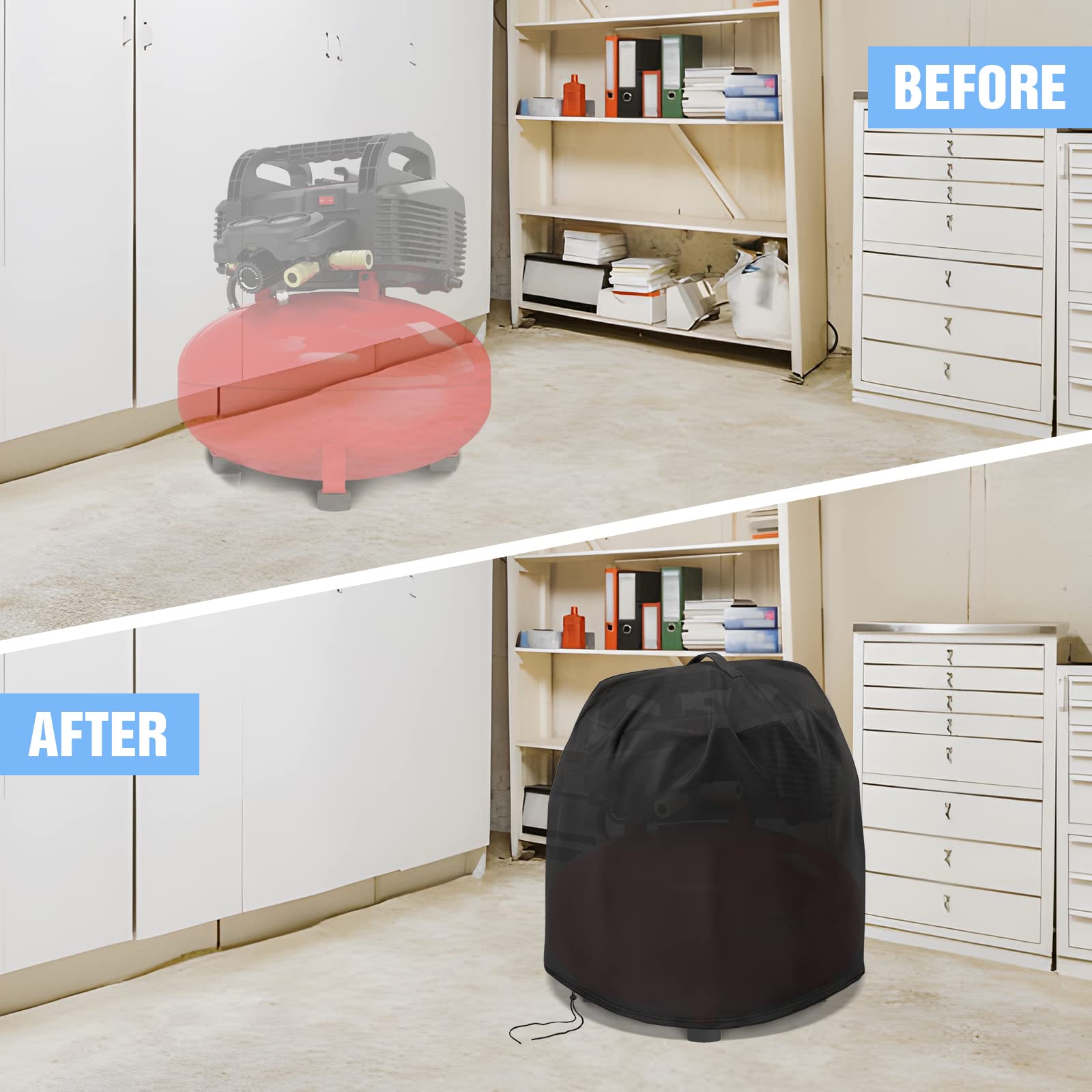 Kingling 6 Gallon Air Compressor Cover - Waterproof Dust Protection for Portable Pancake Air Compressors (Black) | Ideal for Garage Storage, Construction Sites & Outdoor Equipment Protection