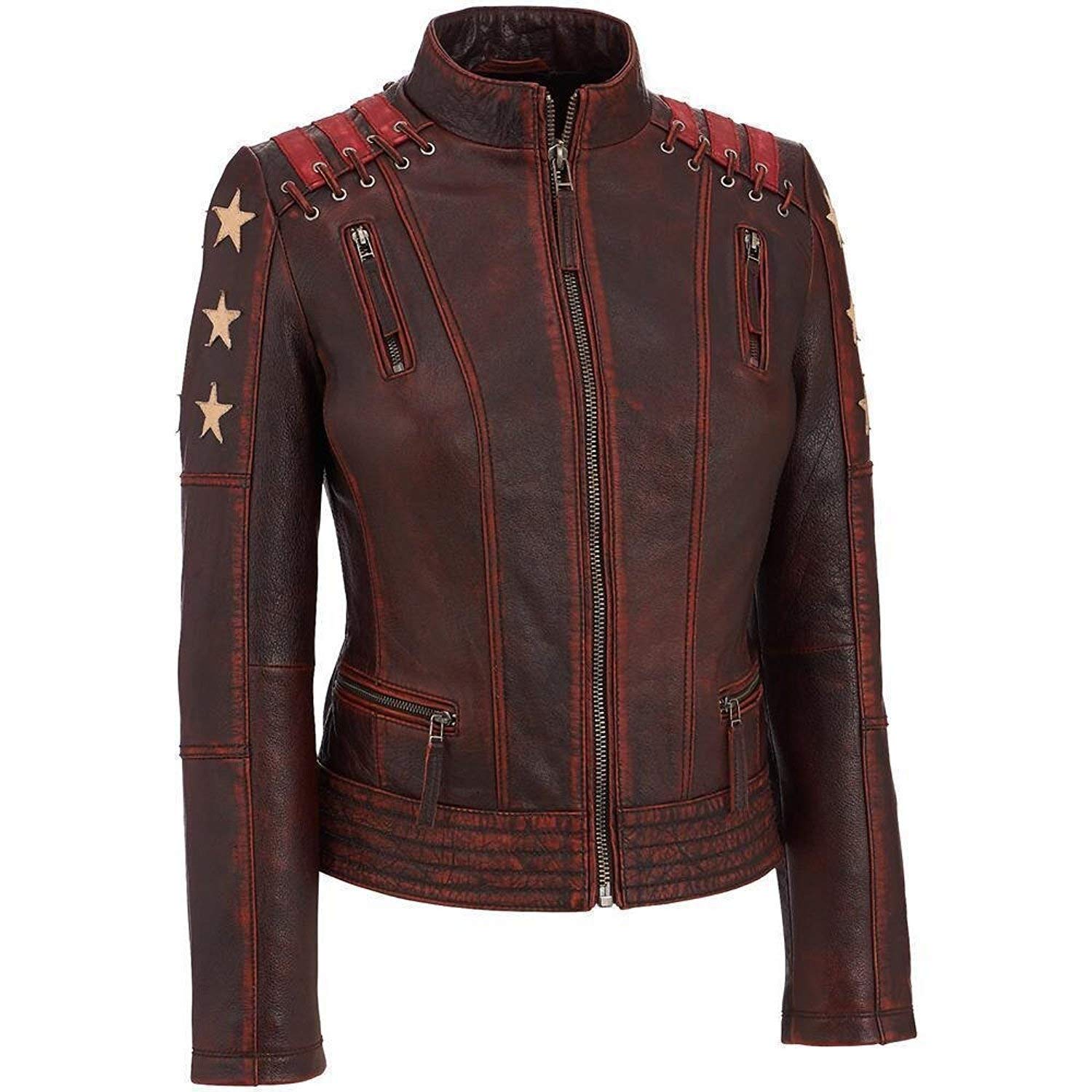 Vintage Cafe Racer Motorcycle Jacket for Women - OX Blood Waxed Maroon Leather Biker Jacket - Perfect for Motorcycle Riding, Casual Outfits & Retro Fashion