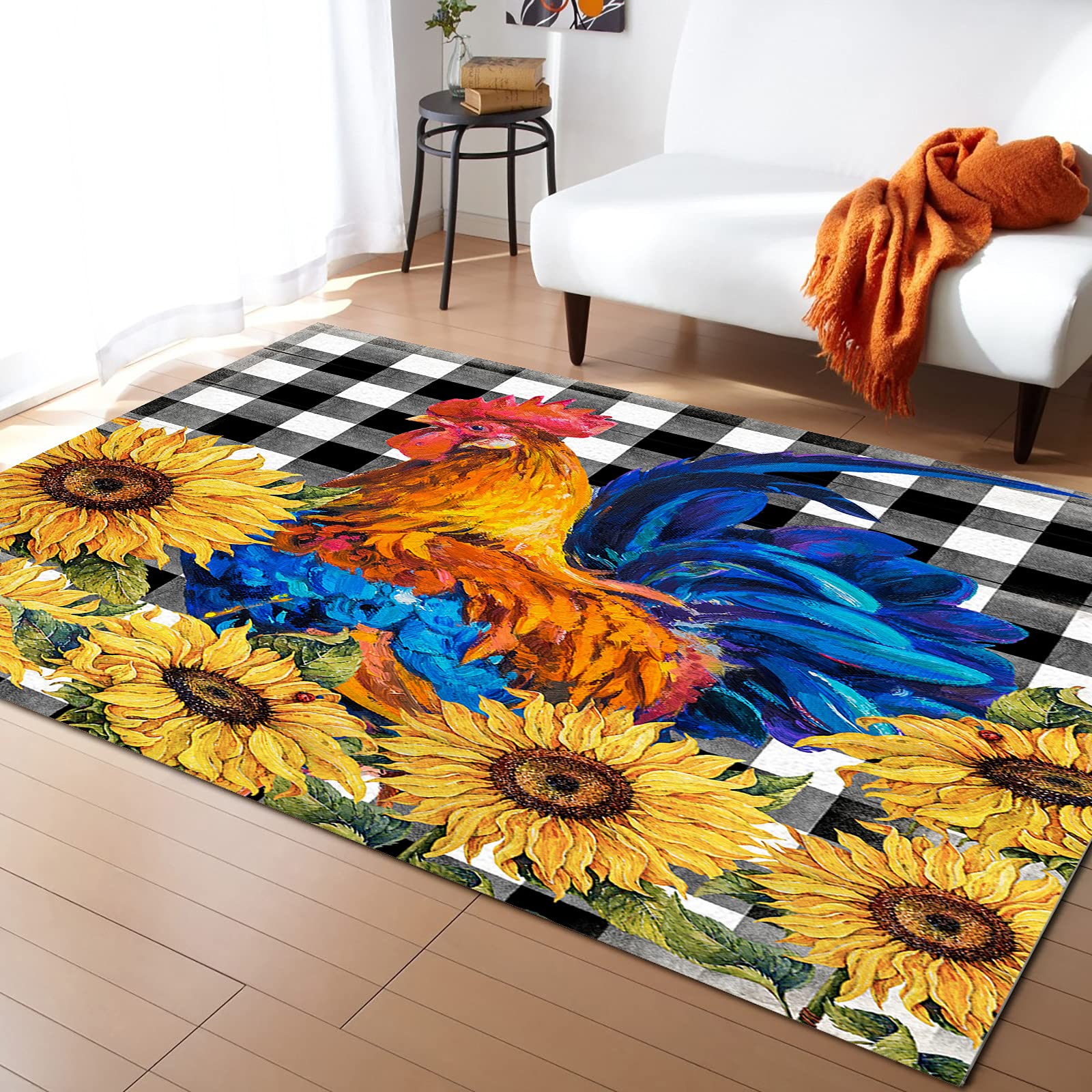 Non-Slip Buffalo Plaid Area Rug 5'x7' - Farmhouse Rooster Sunflower Black & White Washable Rubber Backed Carpet for Living Room Bedroom | Fade-Proof, Comfortable Floor Mat | Perfect for Farmhouse Decor, Cozy Home & High-Traffic Areas