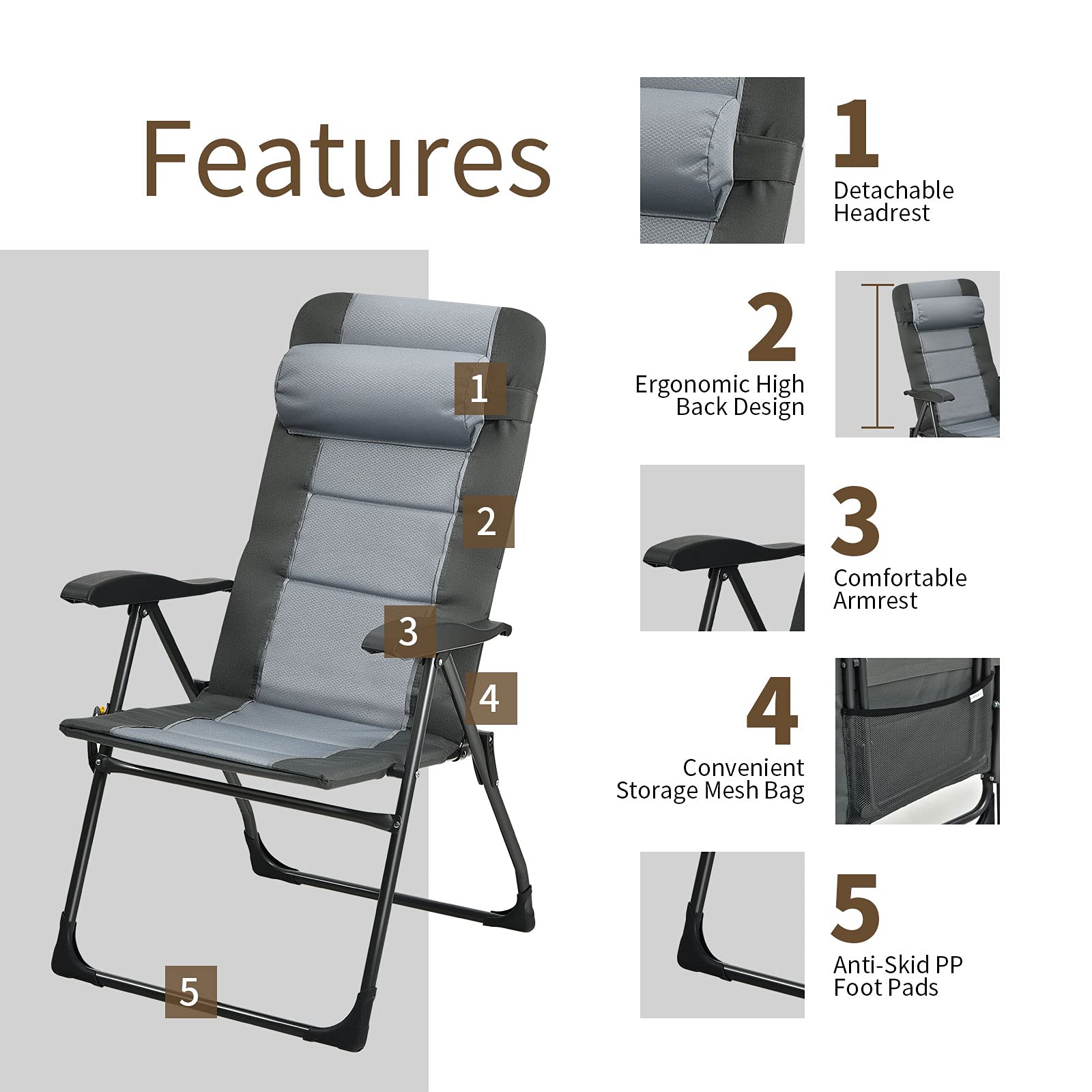 Giantex 2-Pack Patio Dining Chairs with Footstools - Foldable Recliner Chairs with 7-Position Adjustable Backrest & Headrest, Includes Mesh Storage Bag - Portable Outdoor Lounge Chairs for Pool, Backyard, Beach, Camping (Grey)