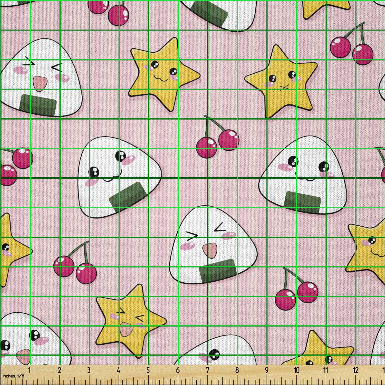 Ambesonne Japanese Fabric by The Yard - Kawaii Anime Rice Ball & Cherry Pattern Microfiber Material for DIY Crafts, Sewing Projects & Home Decor (10 Yards, Pink) | Perfect for Making Cute Pillows, Curtains & Kawaii Fashion Accessories